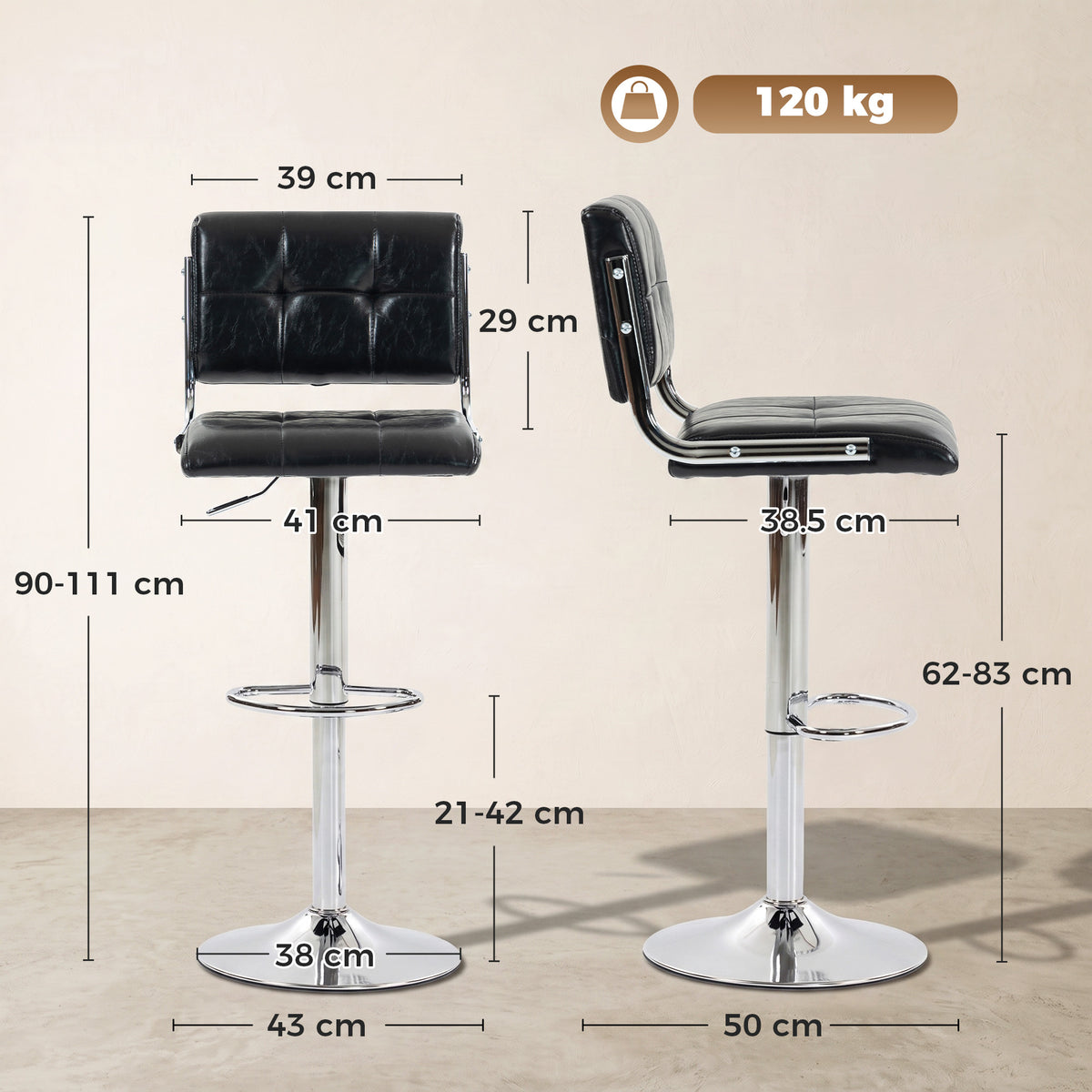Faux Leather Bar Stools 43cm Wide in Set Of 2 - Velmora