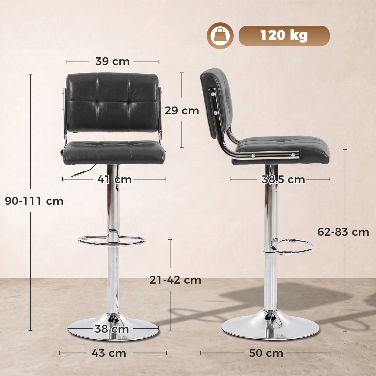 Faux Leather Bar Stools 43cm Wide in Set Of 2 - Velmora