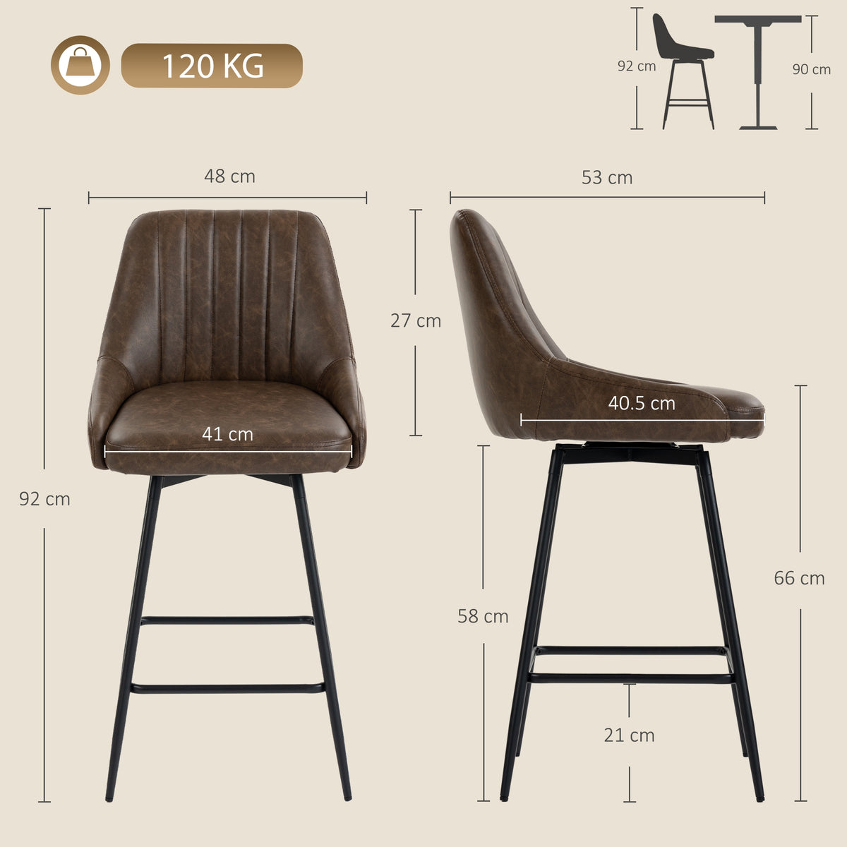 Faux Leather Bar Stools 48cm Wide in Set Of 2 - Velmora