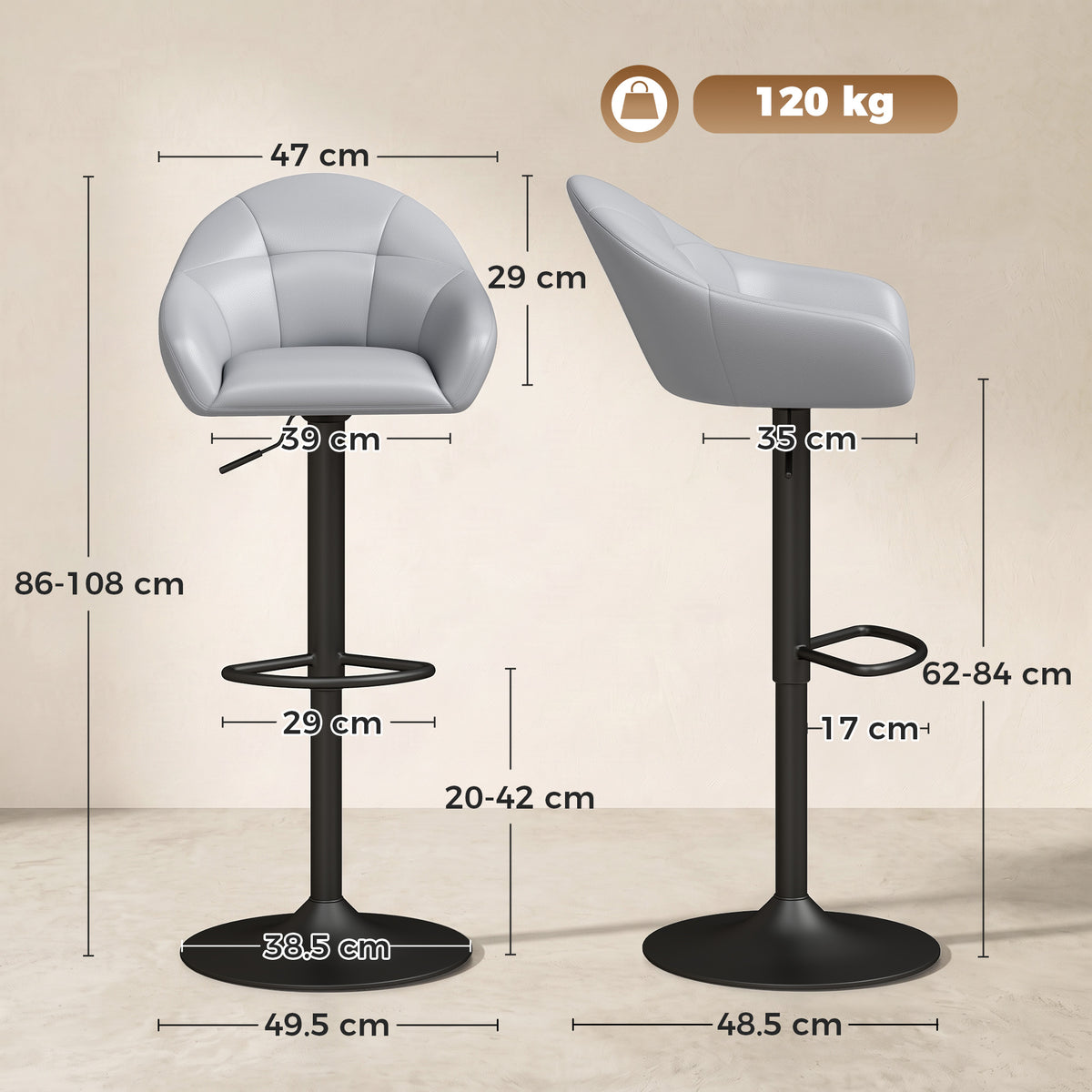 Faux Leather Bar Stools 49.5cm Wide in Set Of 2 - Velmora