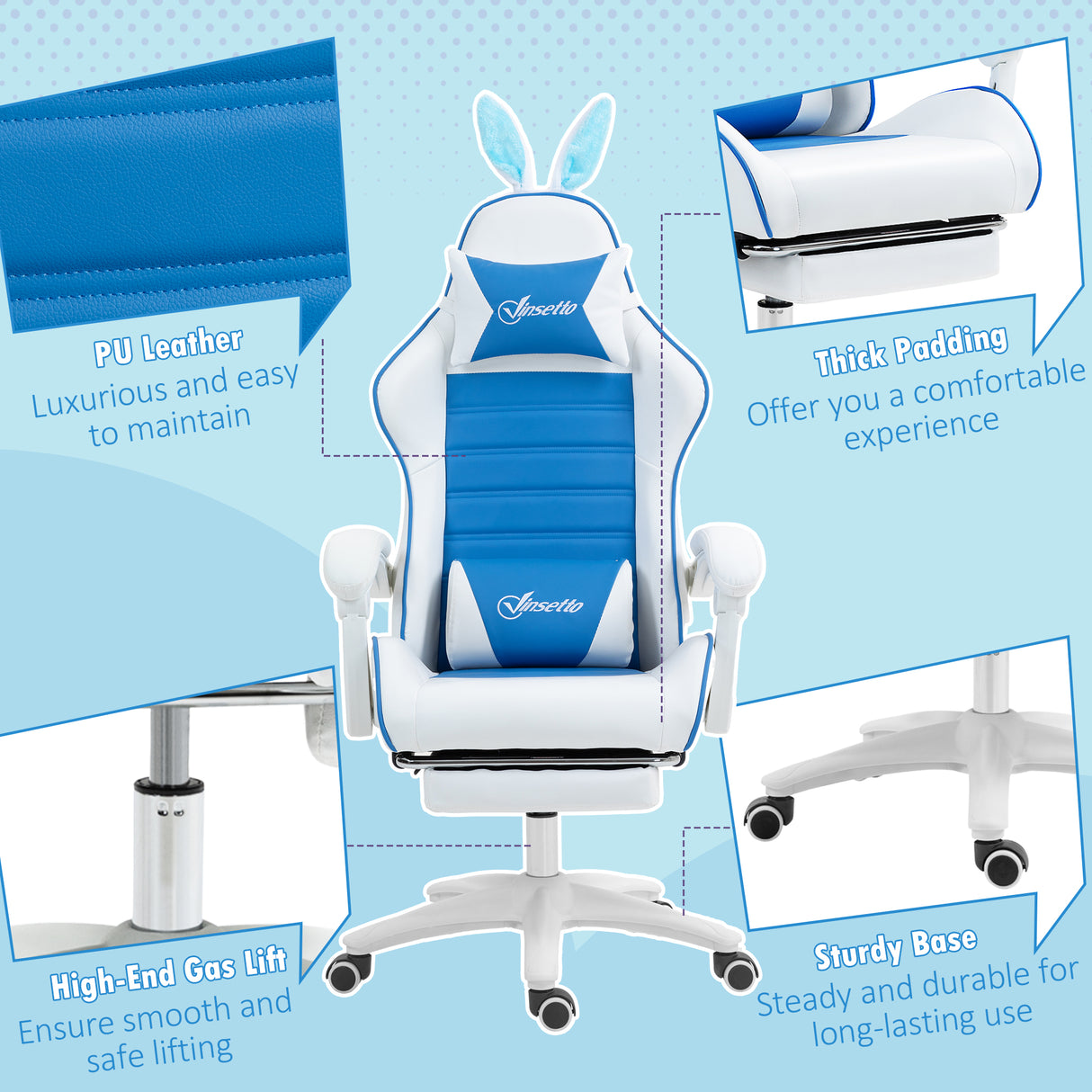 Faux Leather Gaming Chair 65cm Wide With Headrest And Removable Rabbit Ears - Velmora
