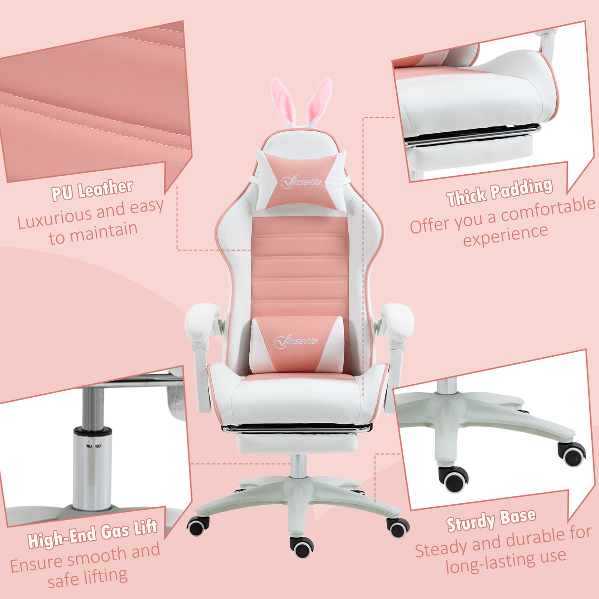 Faux Leather Gaming Chair 65cm Wide With Headrest And Removable Rabbit Ears - Velmora