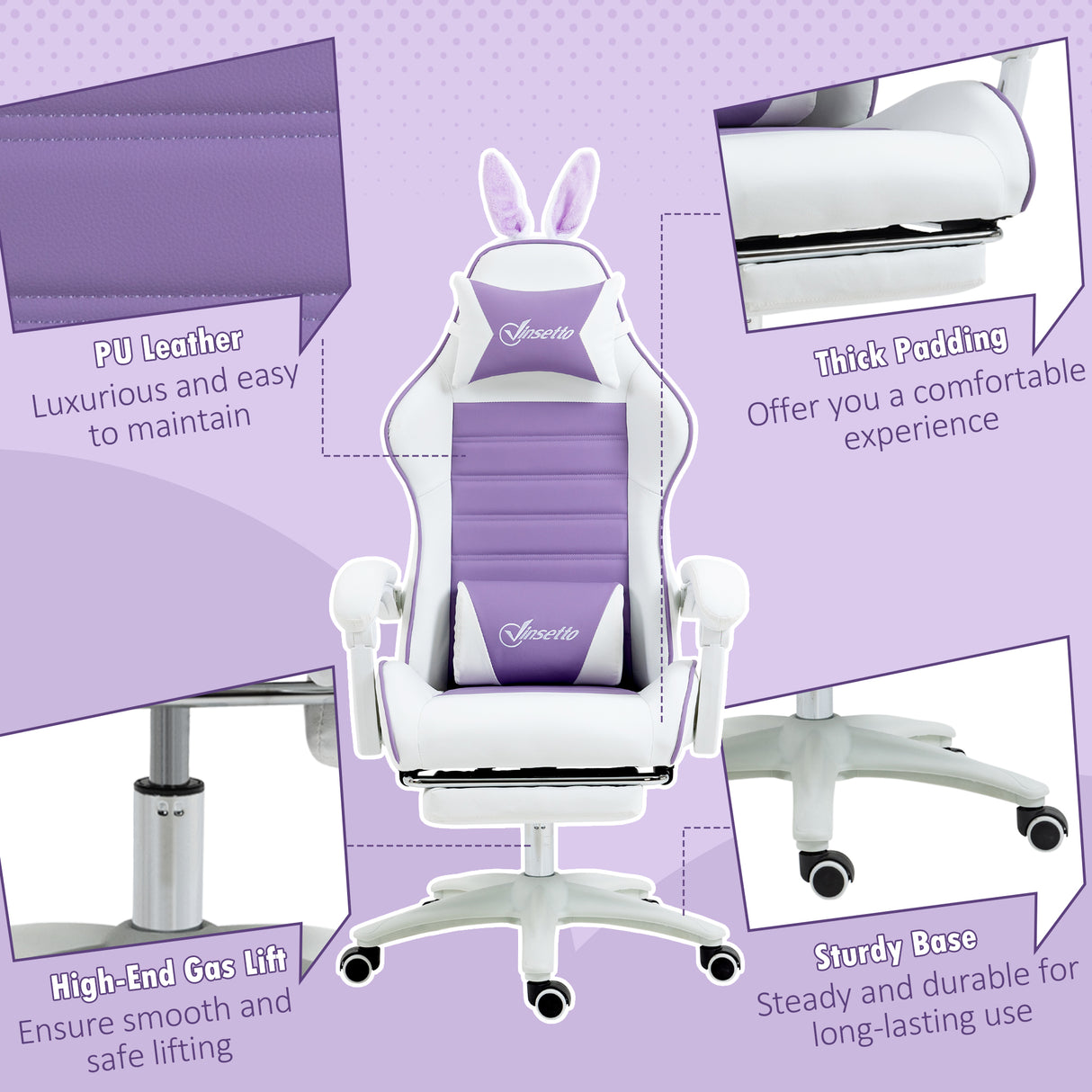Faux Leather Gaming Chair 65cm Wide With Headrest And Removable Rabbit Ears - Velmora