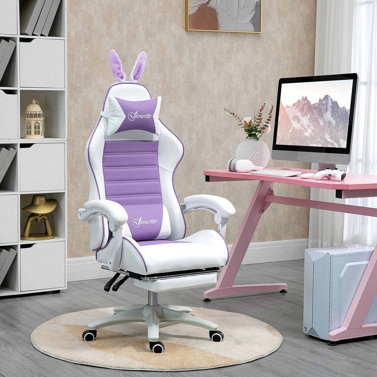 Faux Leather Gaming Chair 65cm Wide With Headrest And Removable Rabbit Ears - Velmora