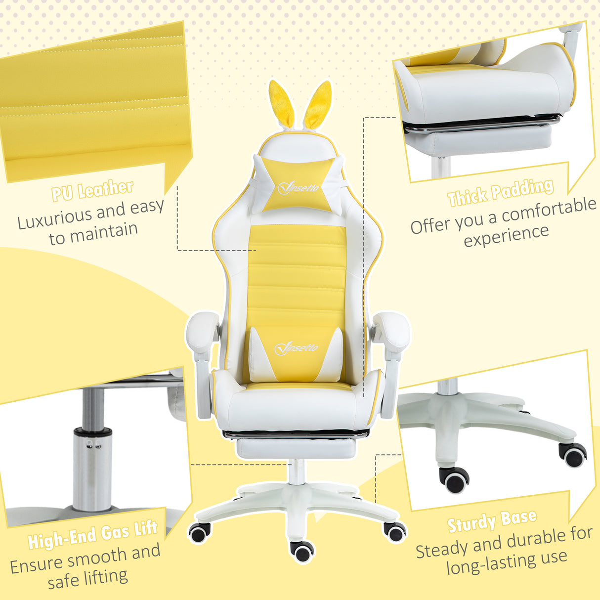 Faux Leather Gaming Chair 65cm Wide With Headrest And Removable Rabbit Ears - Velmora