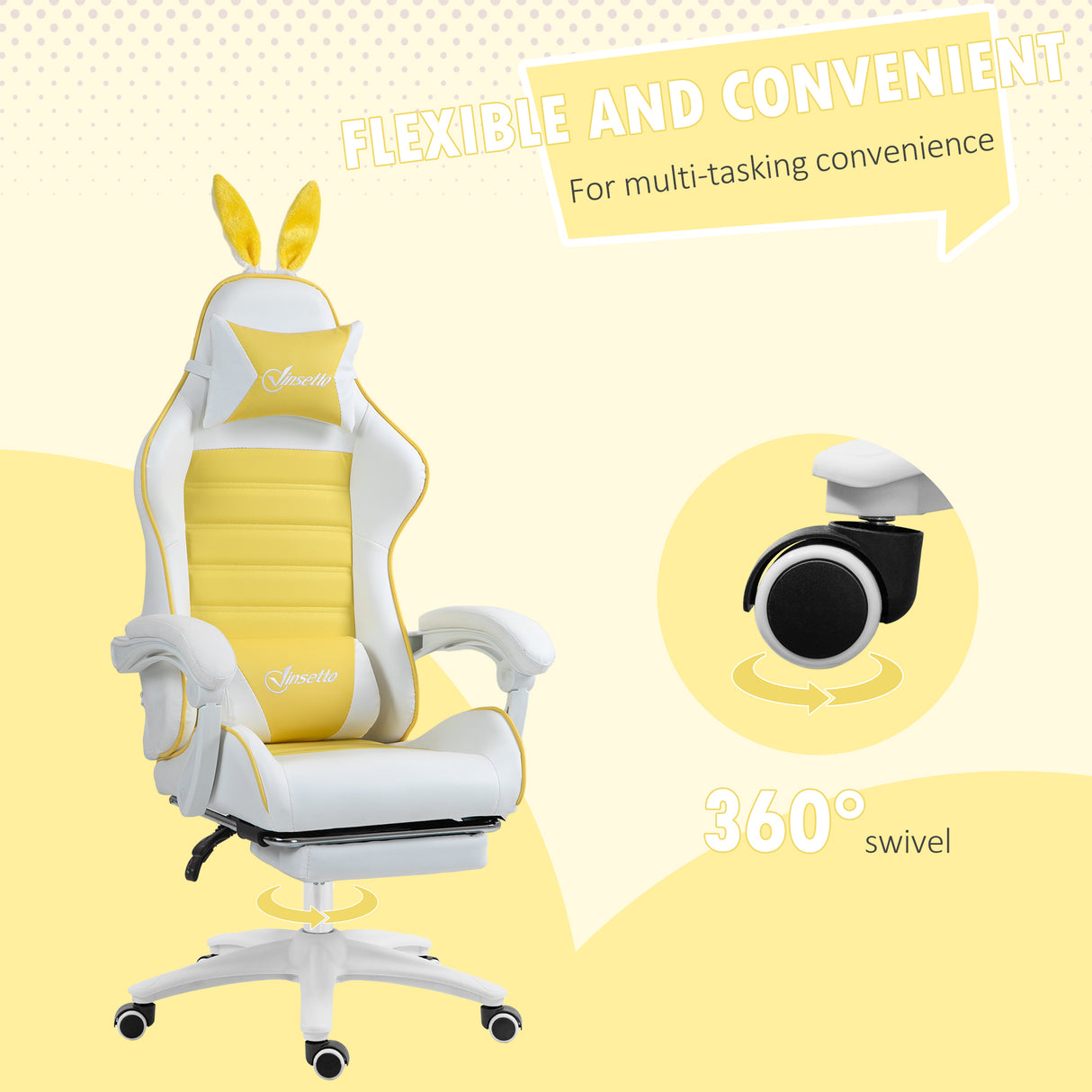 Faux Leather Gaming Chair 65cm Wide With Headrest And Removable Rabbit Ears - Velmora