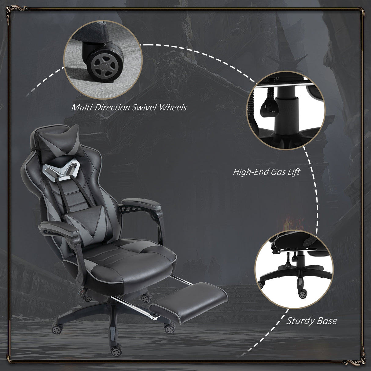 Faux Leather Gaming Chair 65cm Wide With Headrest And Swivel Wheels - Velmora