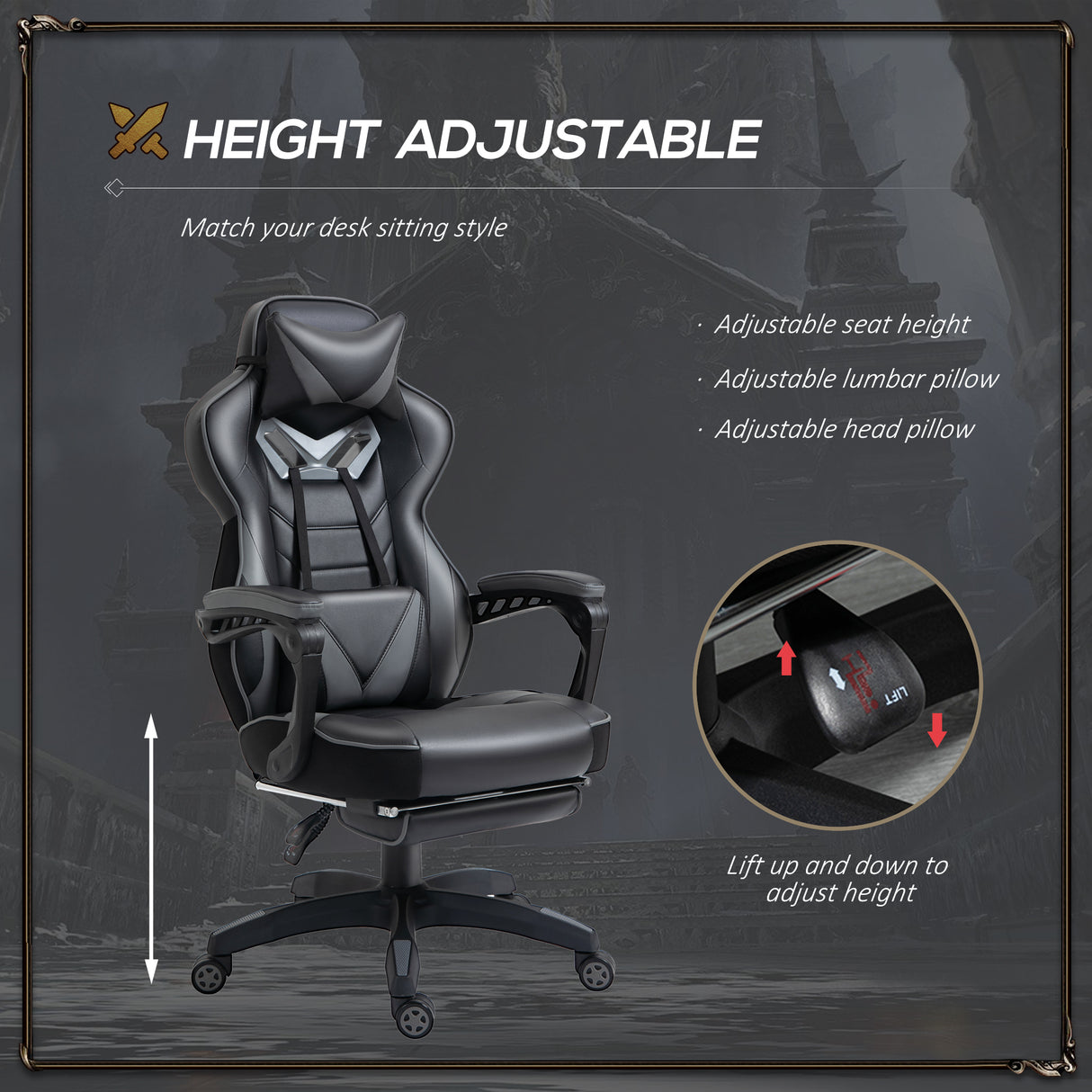 Faux Leather Gaming Chair 65cm Wide With Headrest And Swivel Wheels - Velmora