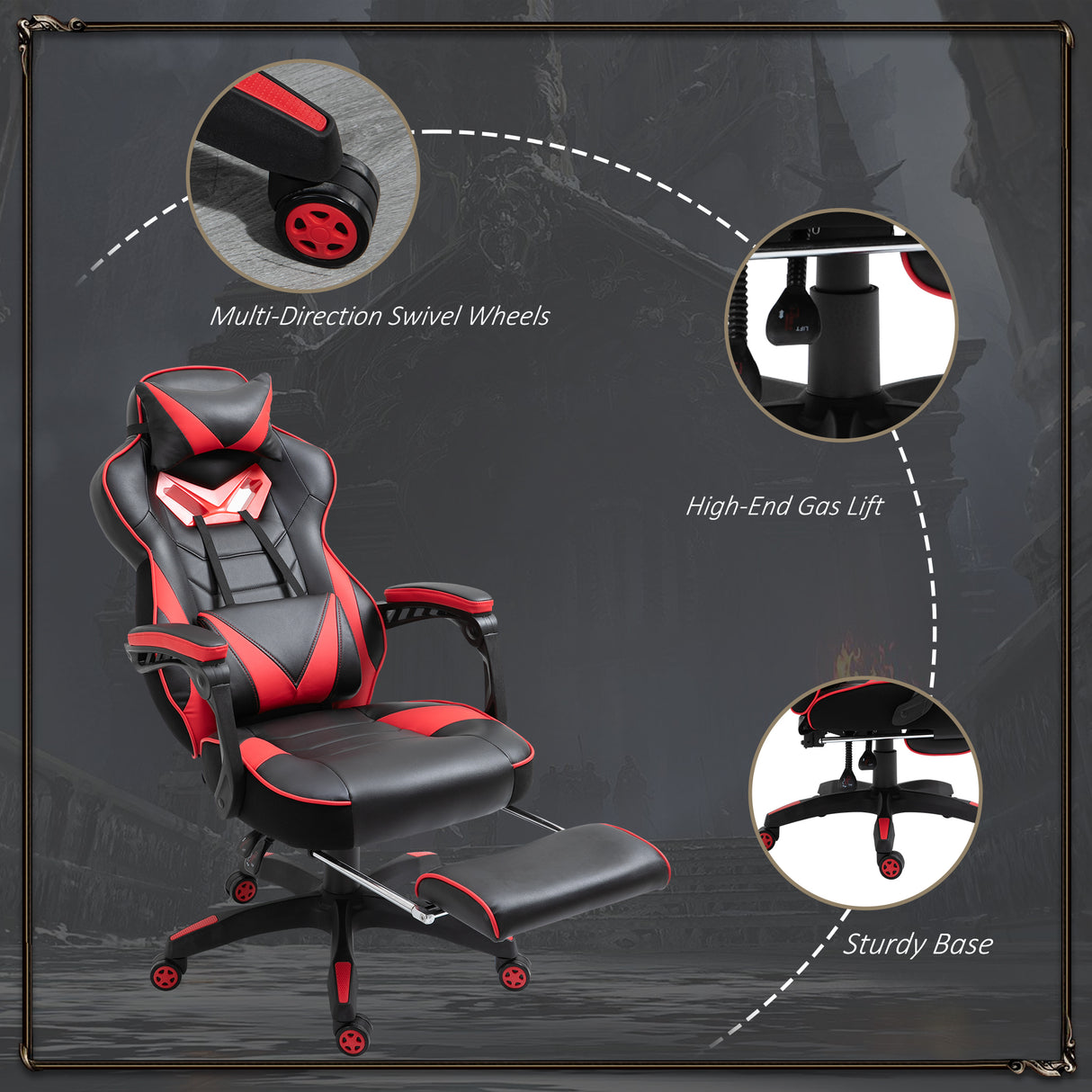 Faux Leather Gaming Chair 65cm Wide With Headrest And Swivel Wheels - Velmora