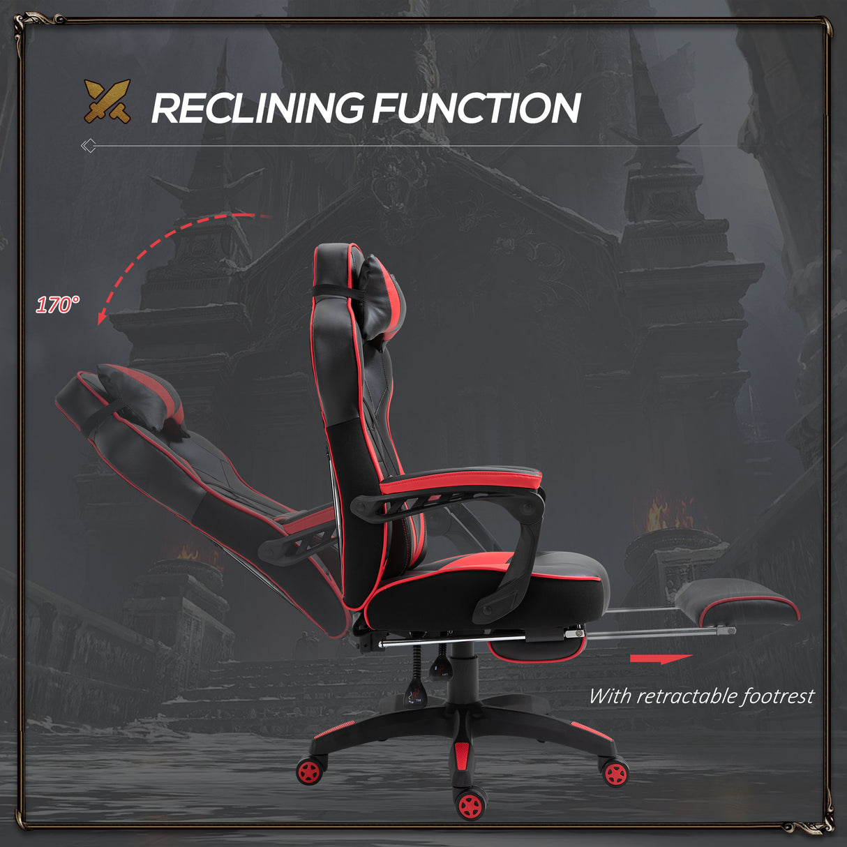 Faux Leather Gaming Chair 65cm Wide With Headrest And Swivel Wheels - Velmora
