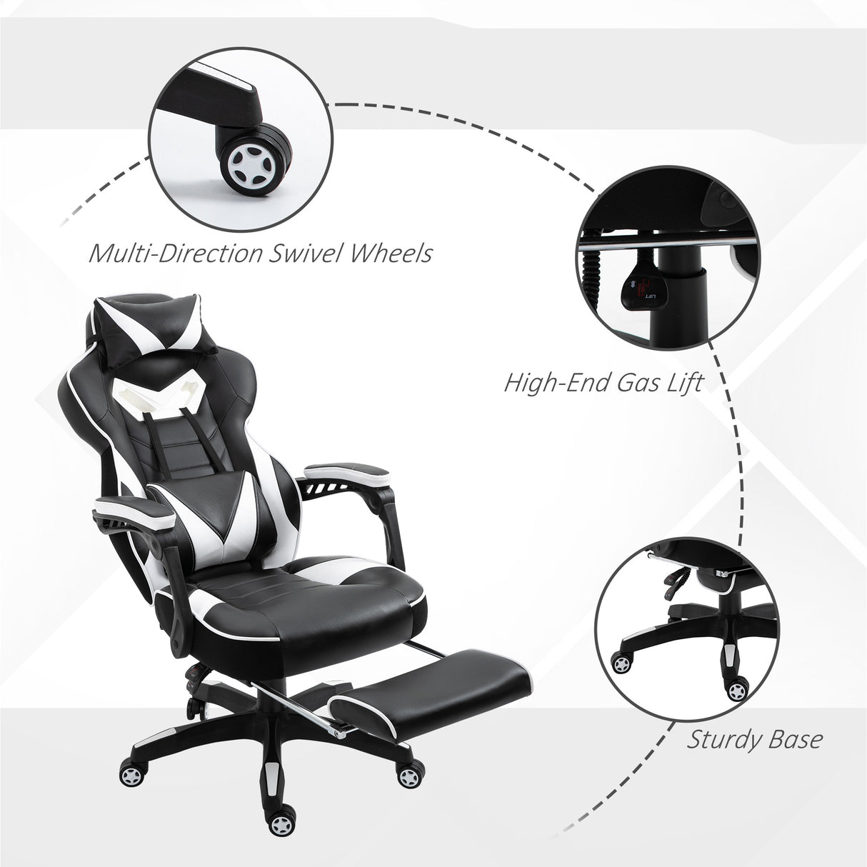 Faux Leather Gaming Chair 65cm Wide With Headrest And Swivel Wheels - Velmora