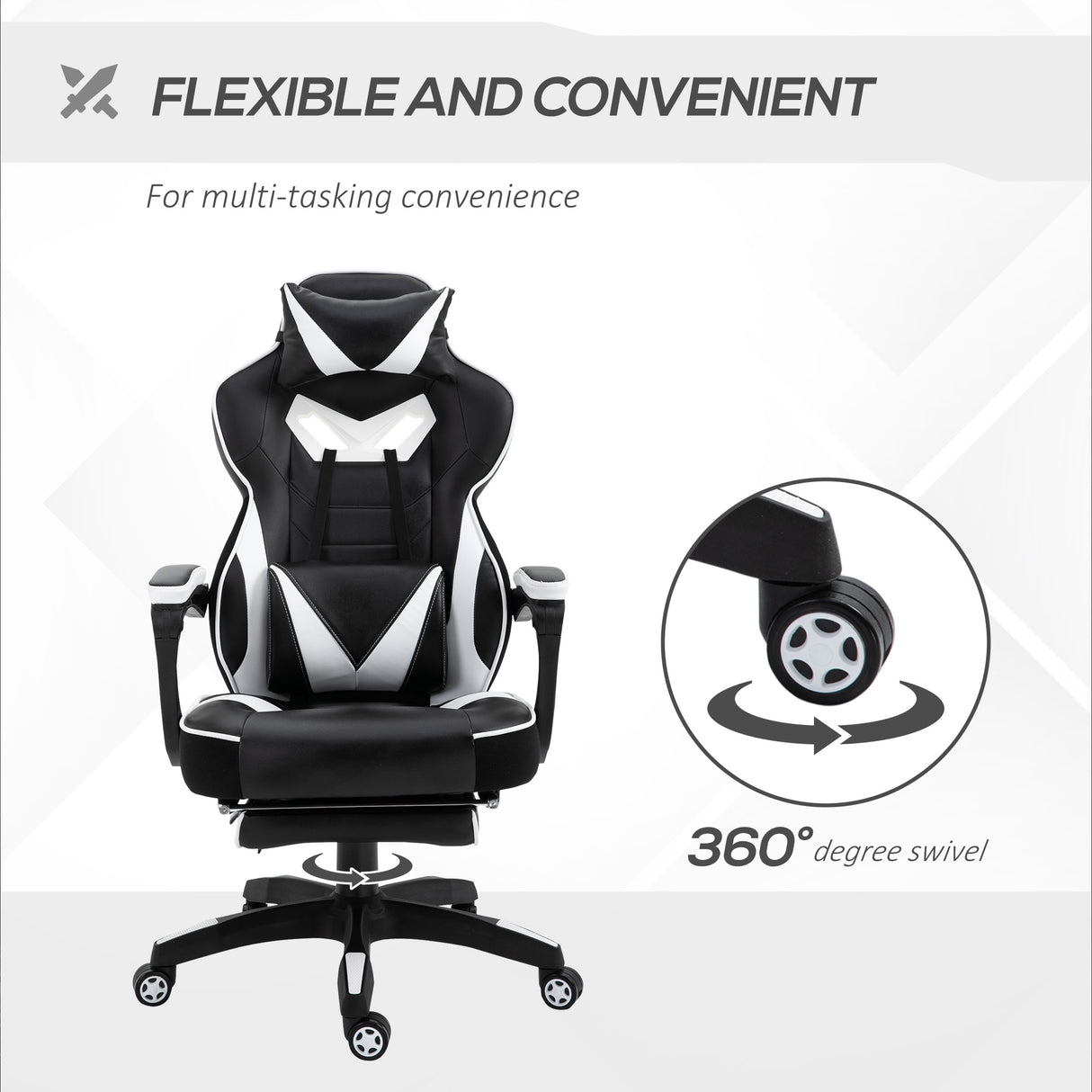 Faux Leather Gaming Chair 65cm Wide With Headrest And Swivel Wheels - Velmora
