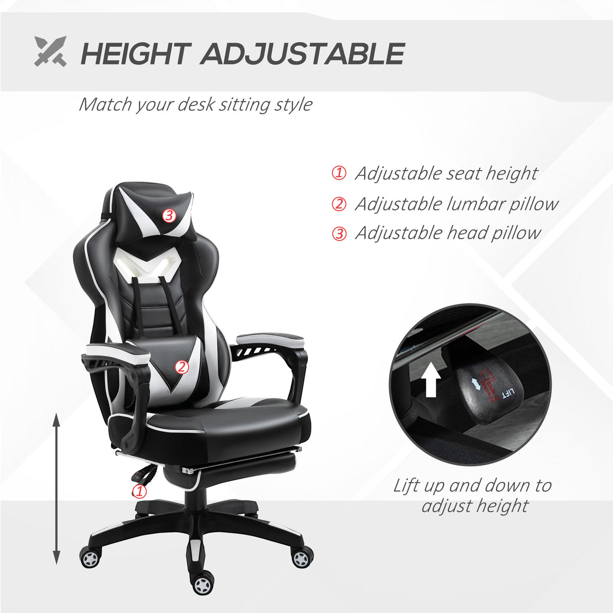 Faux Leather Gaming Chair 65cm Wide With Headrest And Swivel Wheels - Velmora