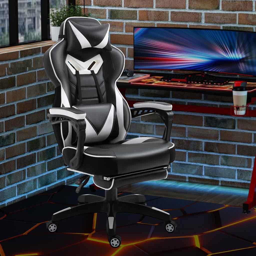 Faux Leather Gaming Chair 65cm Wide With Headrest And Swivel Wheels - Velmora