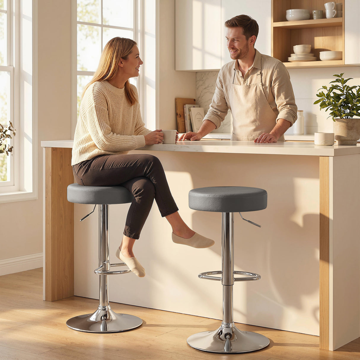 Faux Leather Height Adjustable Breakfast Bar Stools in Set Of 2 - Velmora