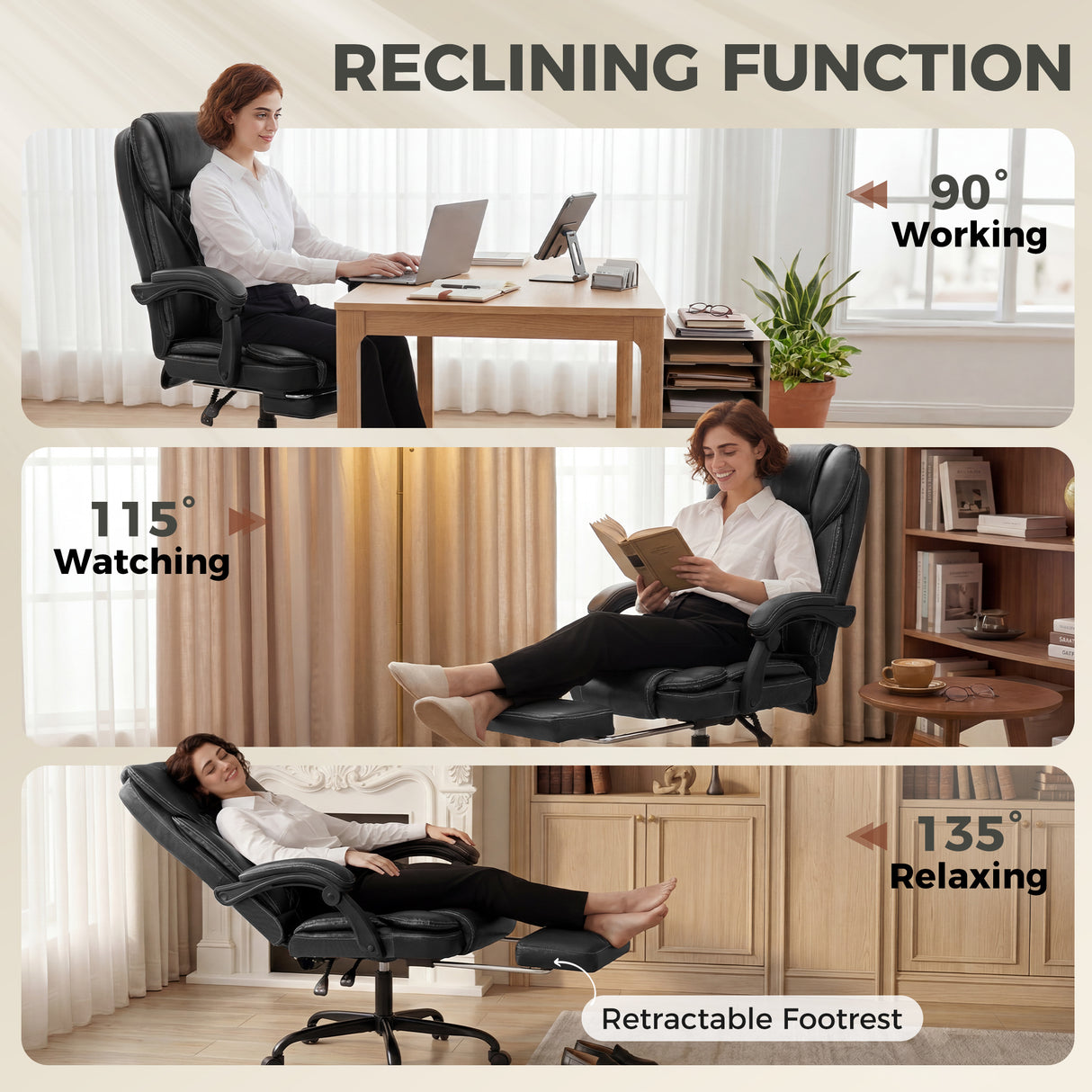 Faux Leather Home And Office Chair 62cm Wide High Back With Footrest - Velmora