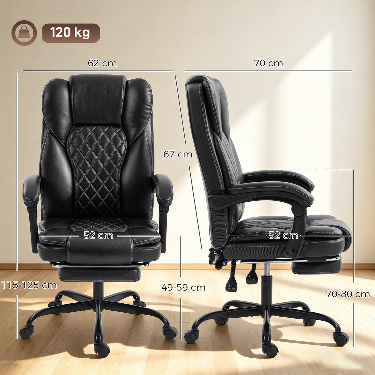 Faux Leather Home And Office Chair 62cm Wide High Back With Footrest - Velmora