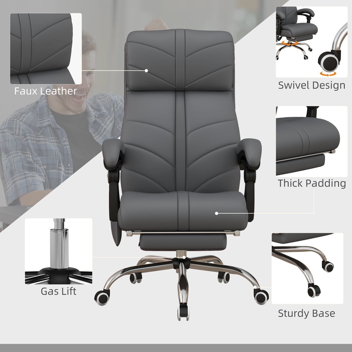 Faux Leather Home And Office Chair 64cm Wide With Footrest - Velmora