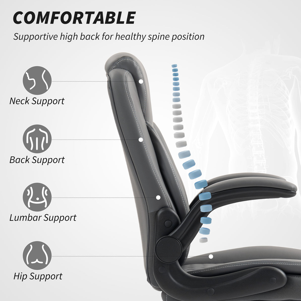 Faux Leather Home And Office Chair 65cm Wide With Flip Up Armrest - Velmora