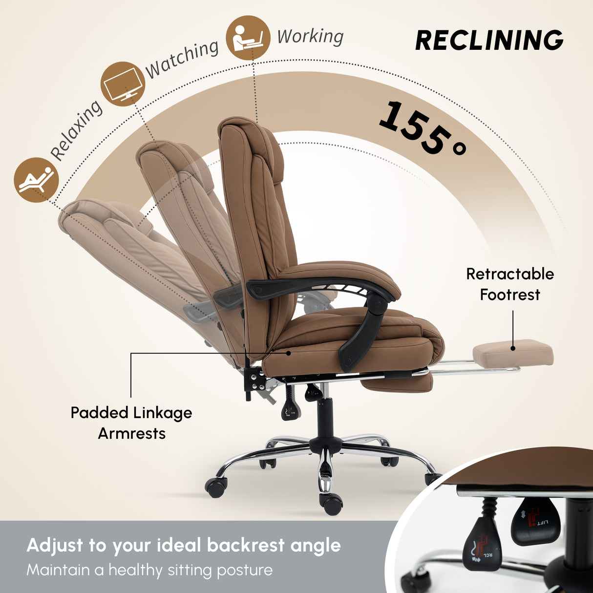Faux Leather Home And Office Chair 66cm Wide With Footrest And Double Layer Padding - Velmora