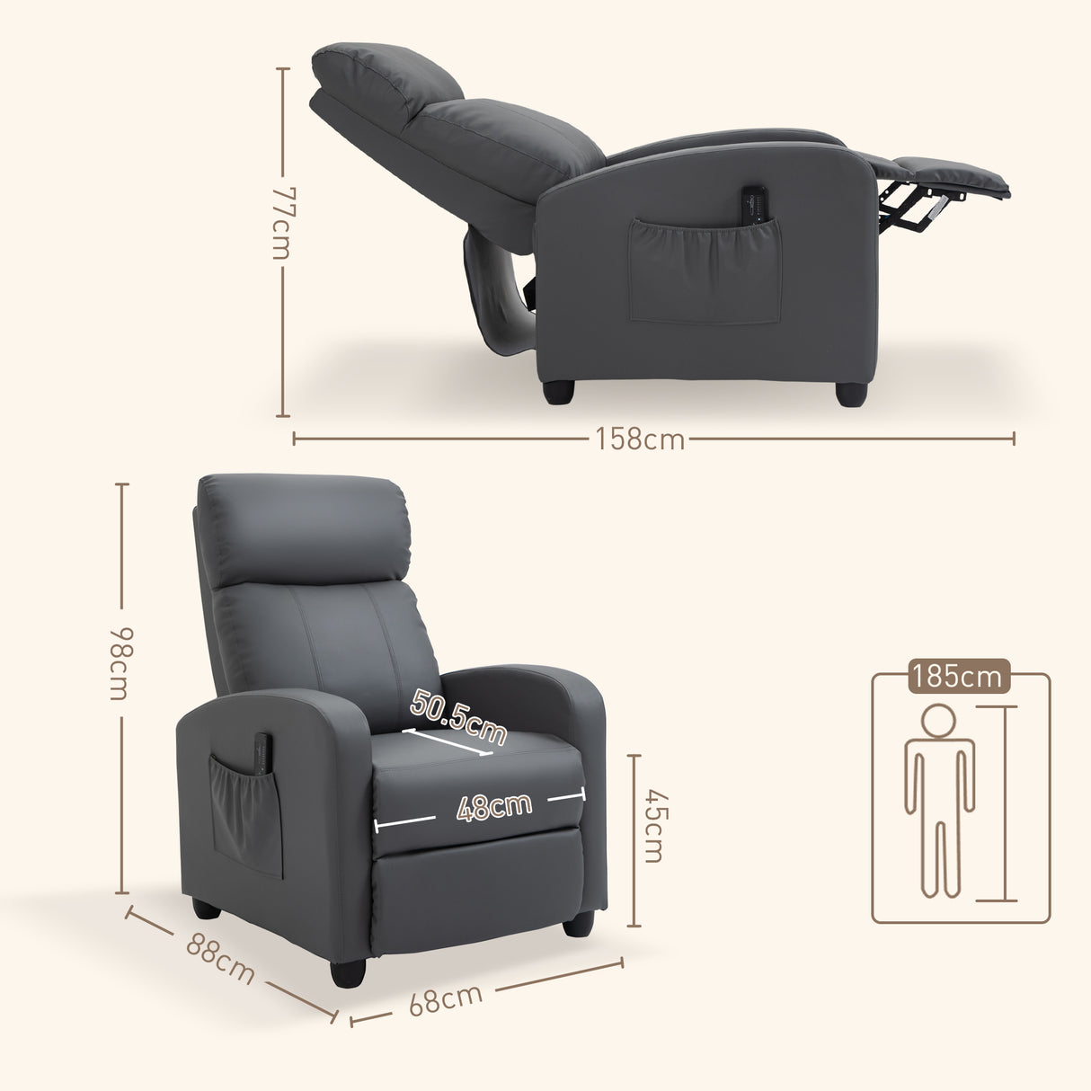 Faux Leather Push Back Reclining Chair With Adjustable Leg Rest 68cm Wide - Velmora