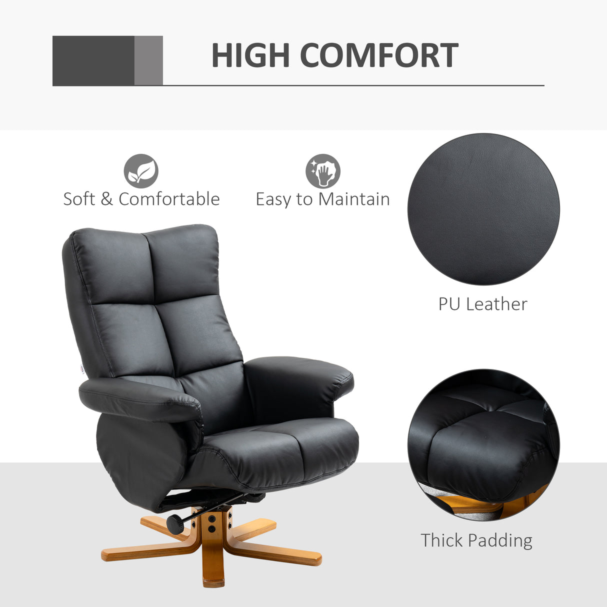 Faux Leather Recliner Chair 80cm Wide With Footstool And Wooden Base - Velmora
