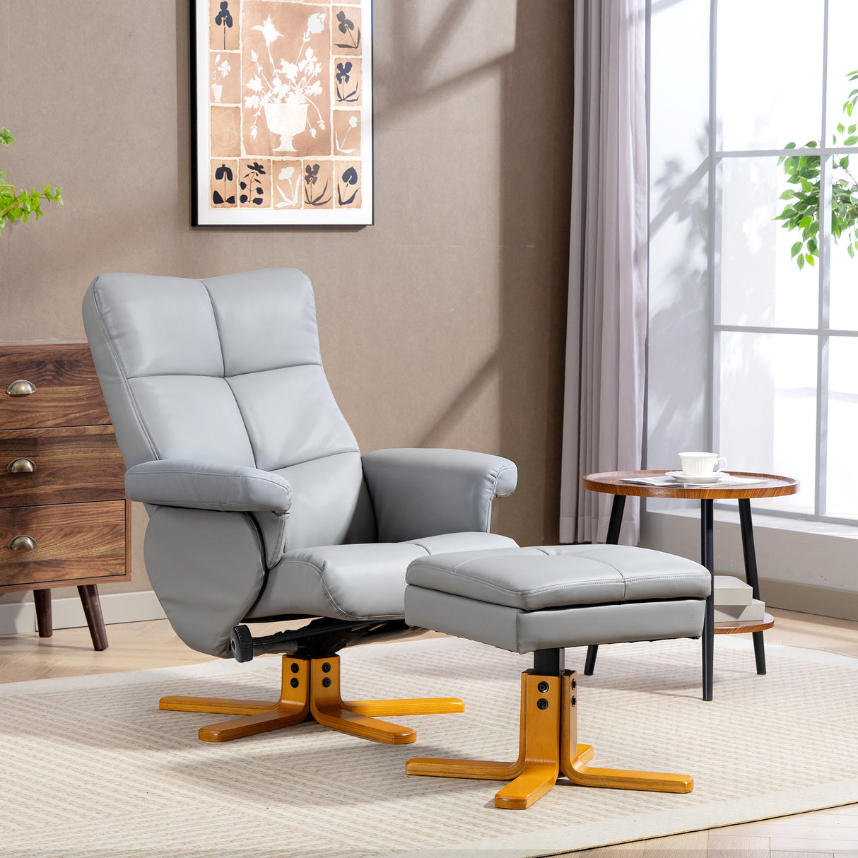 Faux Leather Recliner Chair 80cm Wide With Footstool And Wooden Base - Velmora