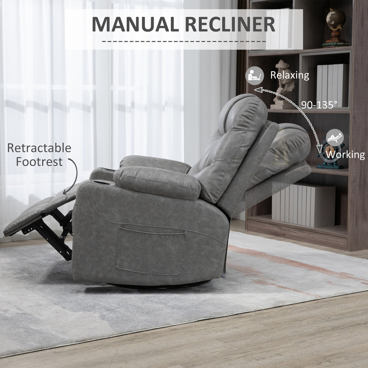 Faux Leather Recliner Chair 86cm Wide With Footrest And 2 Cup Holders - Velmora