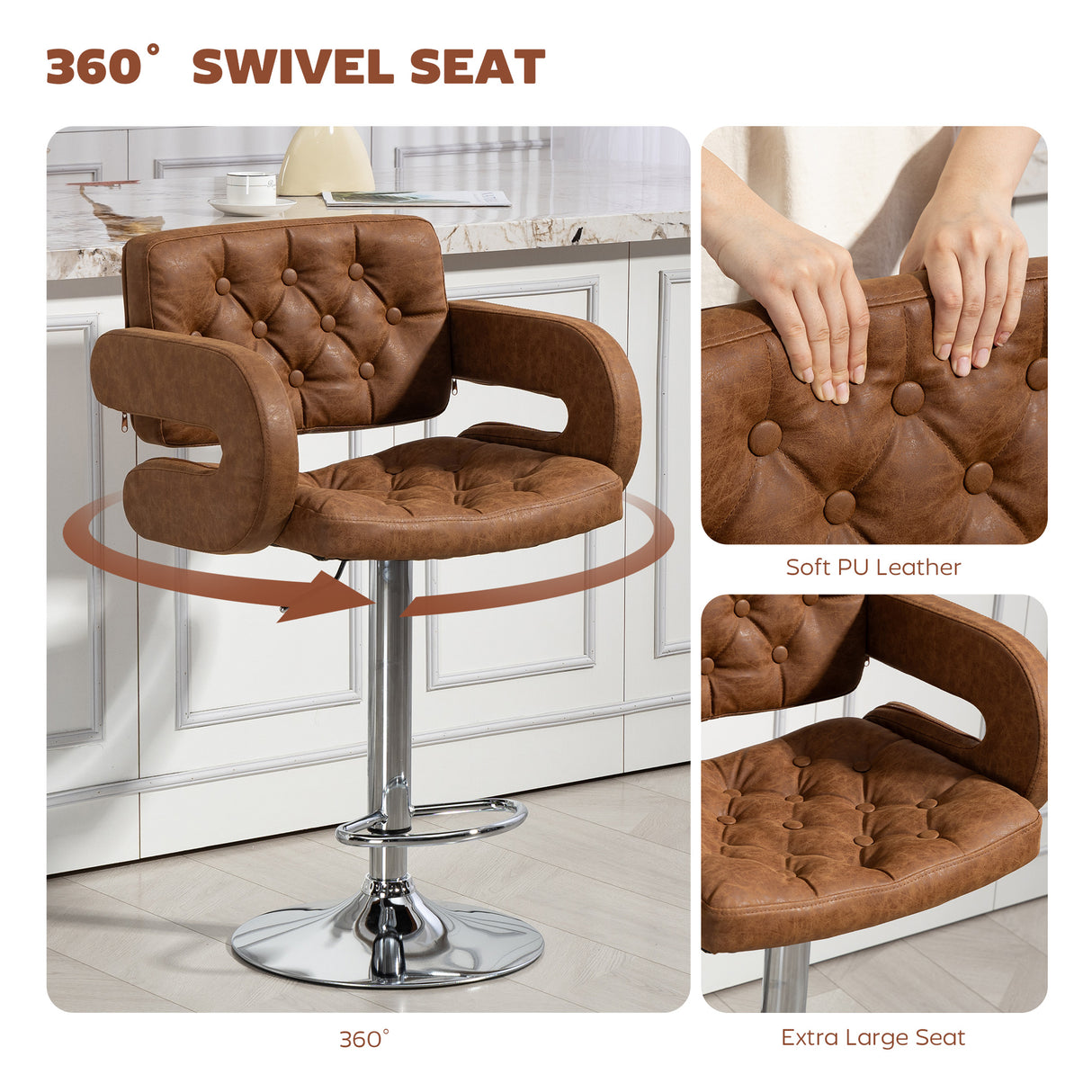 Faux Leather Swivel Bar Stool With Back - Velmora