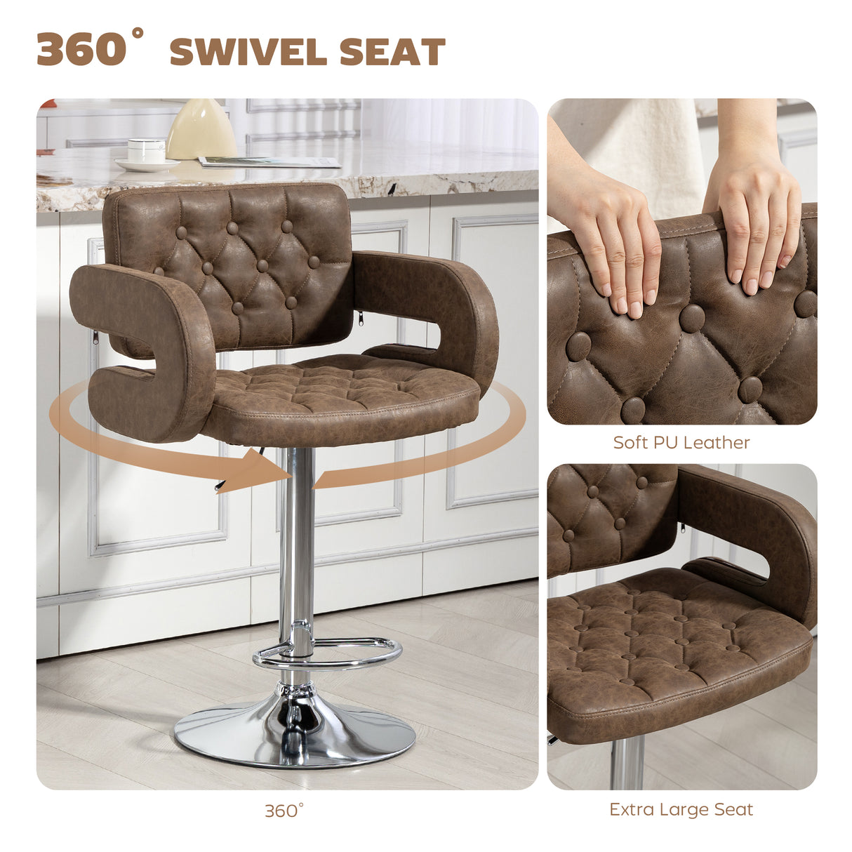 Faux Leather Swivel Bar Stool With Back - Velmora