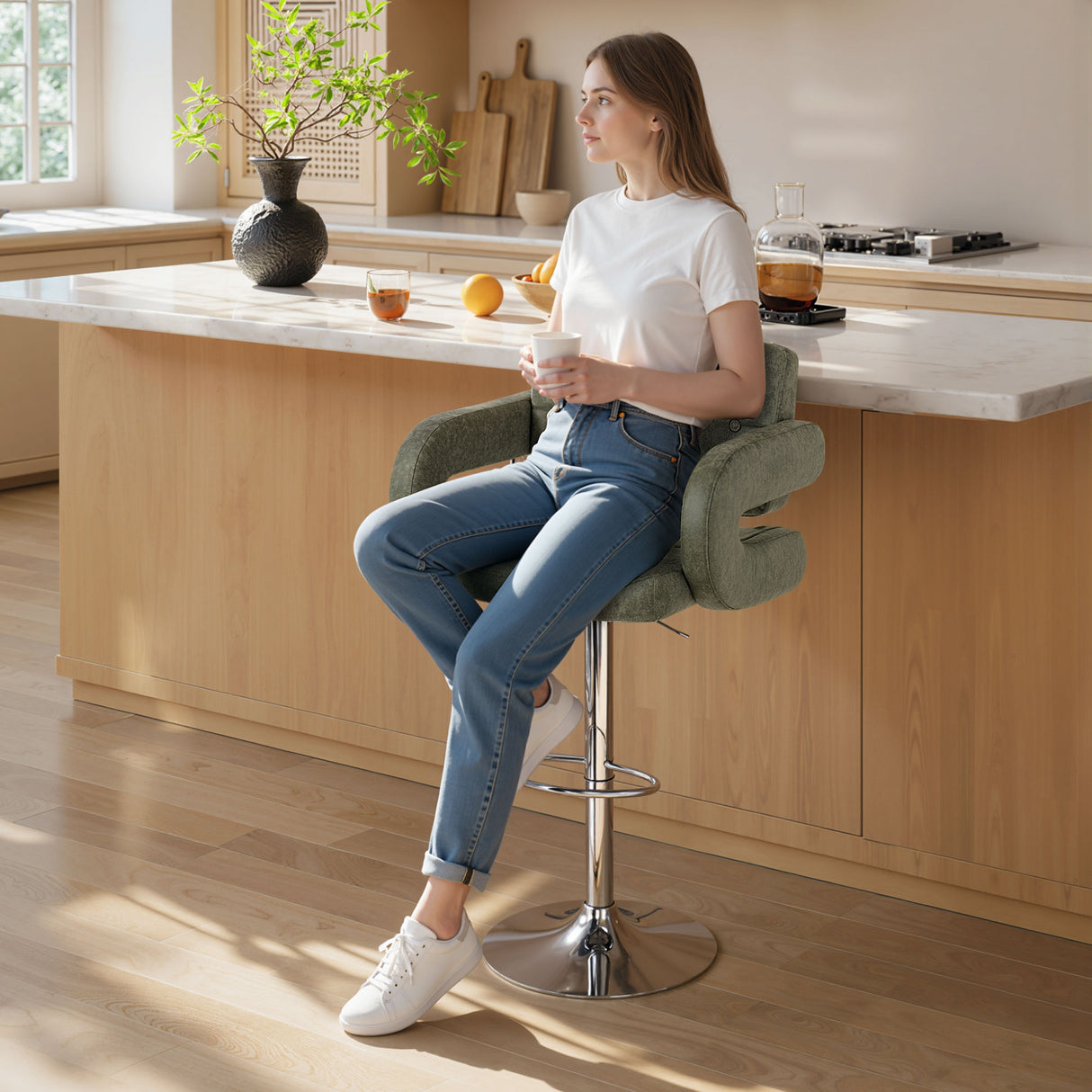 Faux Leather Swivel Bar Stool With Back - Velmora