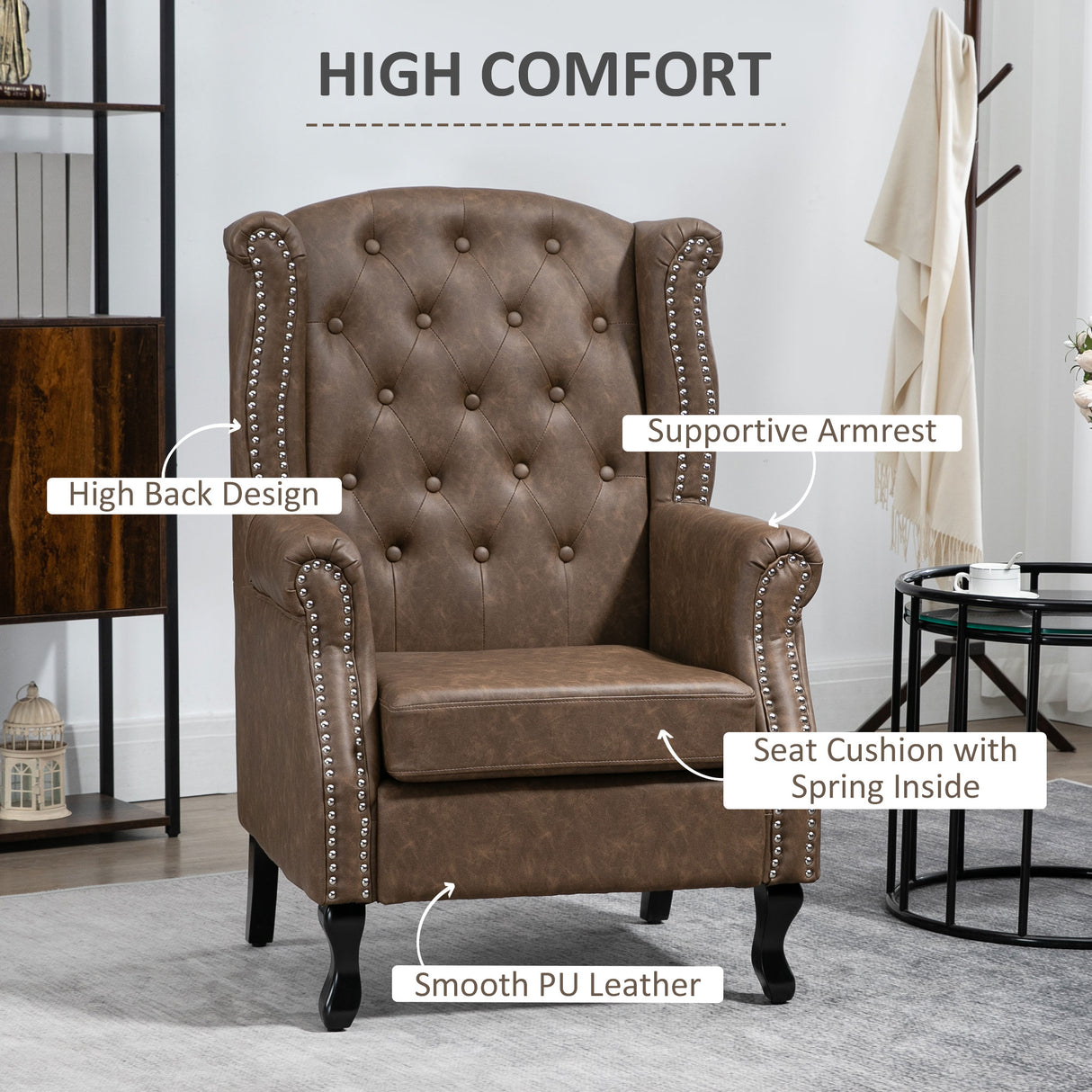 Faux Leather Wingback Chesterfield Accent Chair 72cm Wide - Velmora
