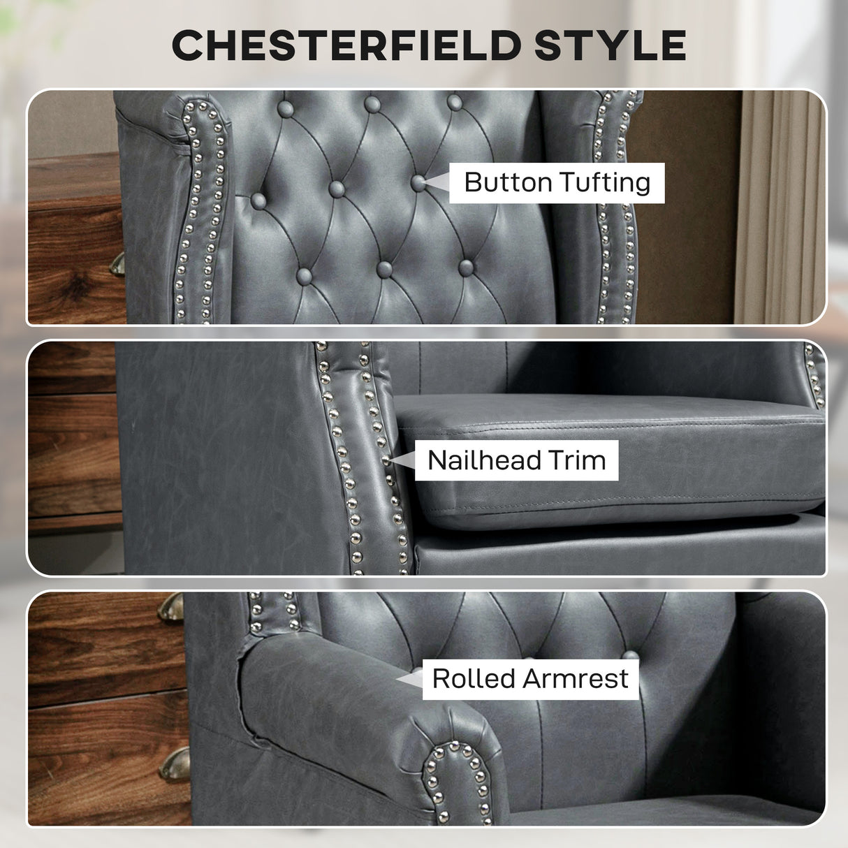 Faux Leather Wingback Chesterfield Accent Chair 72cm Wide - Velmora