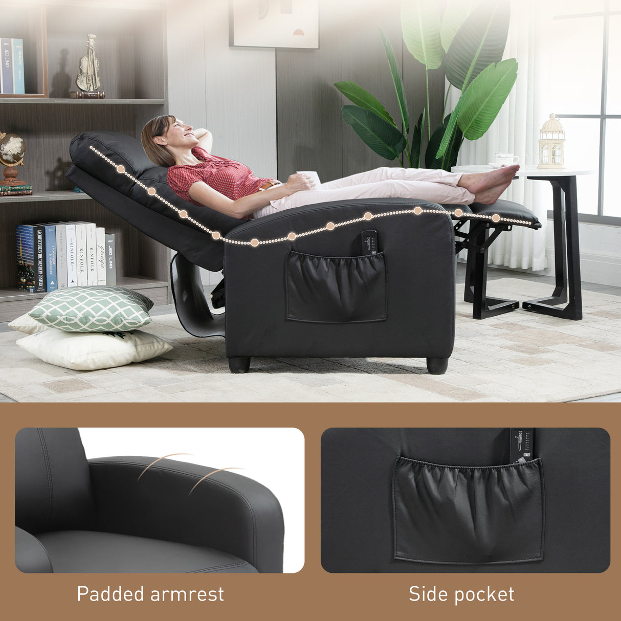 Faux Leather Push Back Reclining Chair With Adjustable Leg Rest 68cm Wide - Velmora