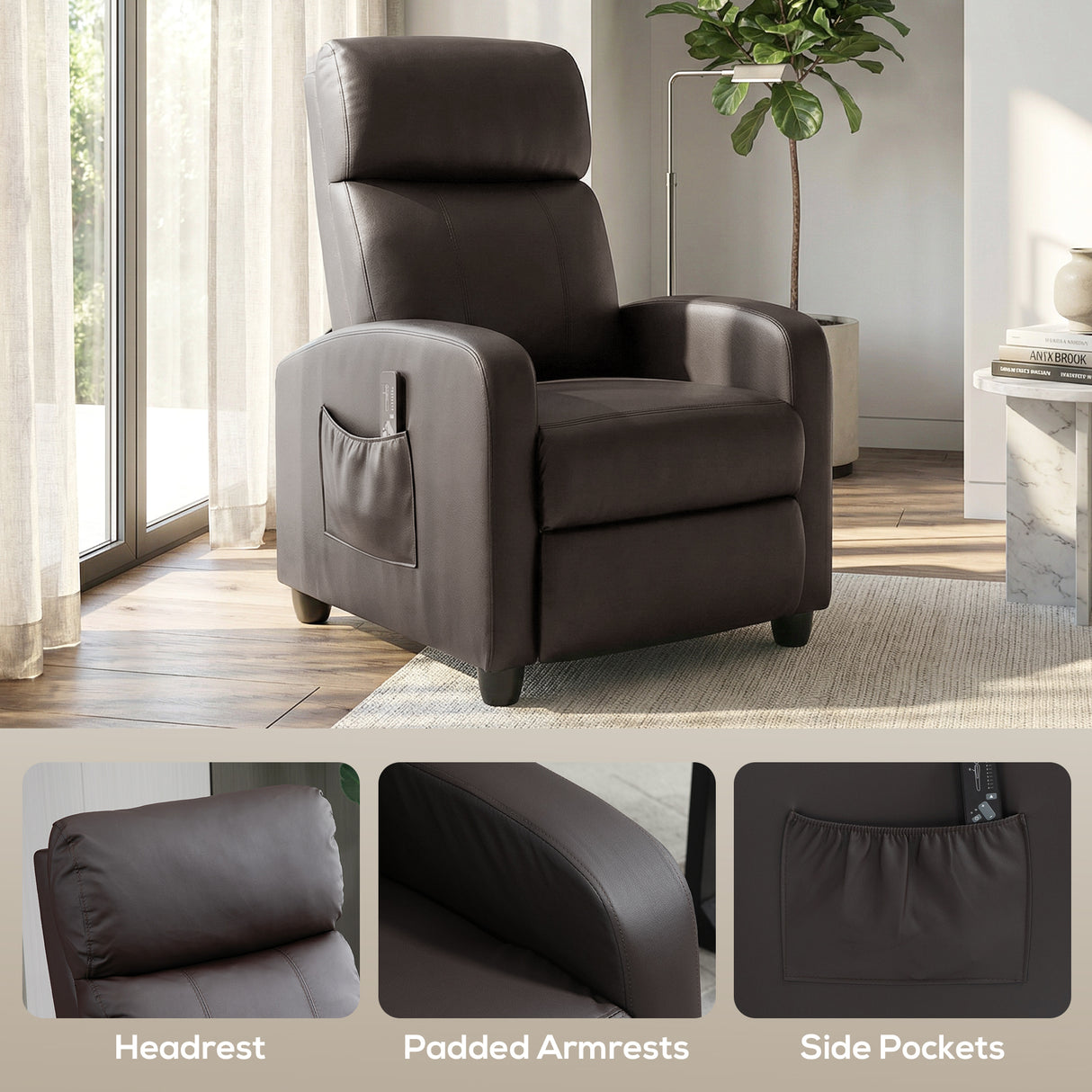 Faux Leather Push Back Reclining Chair With Adjustable Leg Rest 68cm Wide - Velmora
