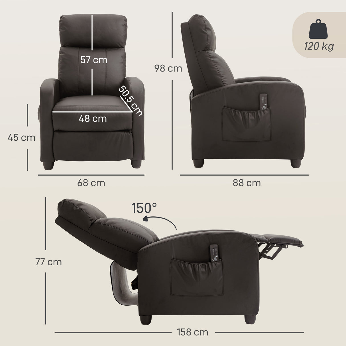 Faux Leather Push Back Reclining Chair With Adjustable Leg Rest 68cm Wide - Velmora