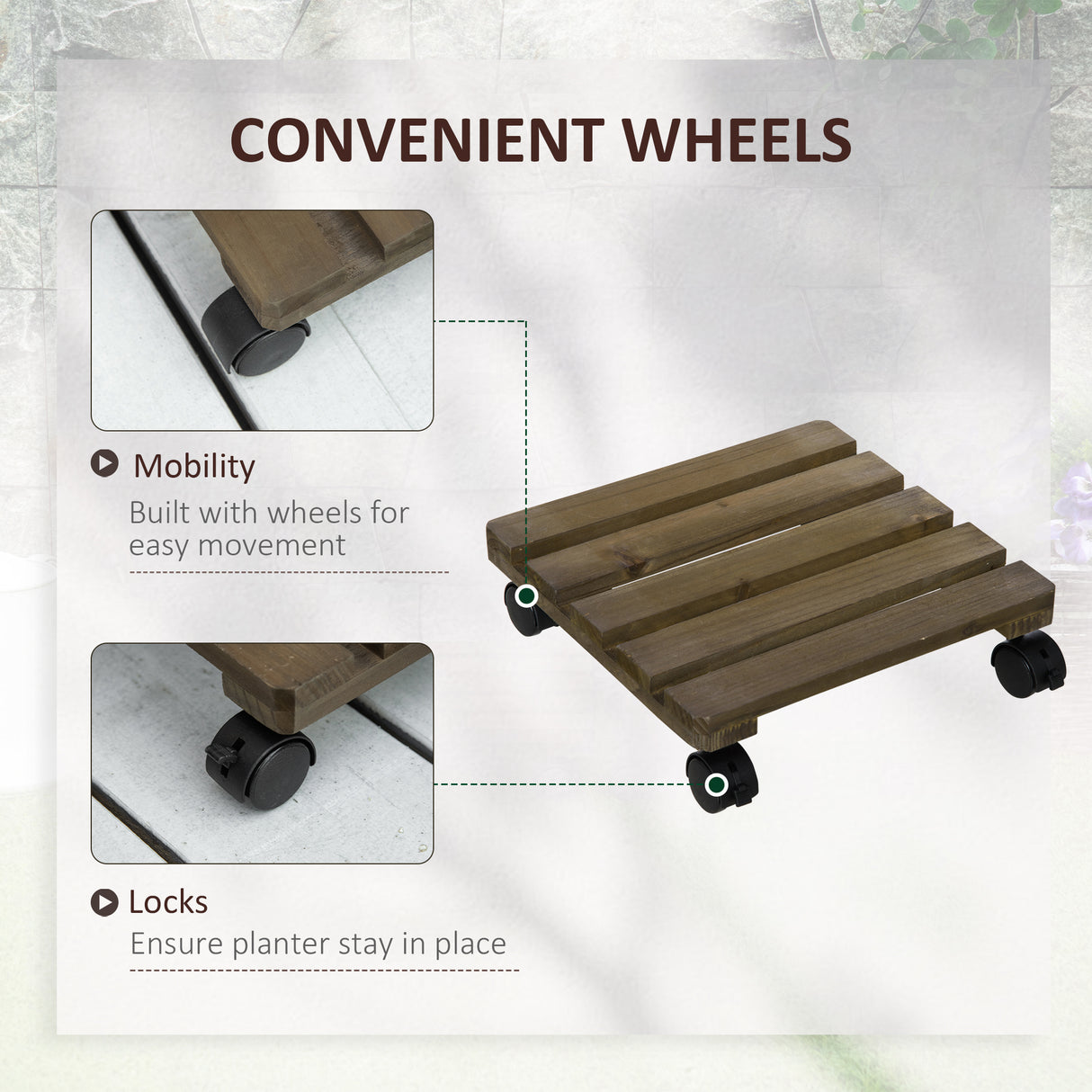Fir Wood 2 Pack Plant Caddy With Wheels 30cm Wide - Velmora
