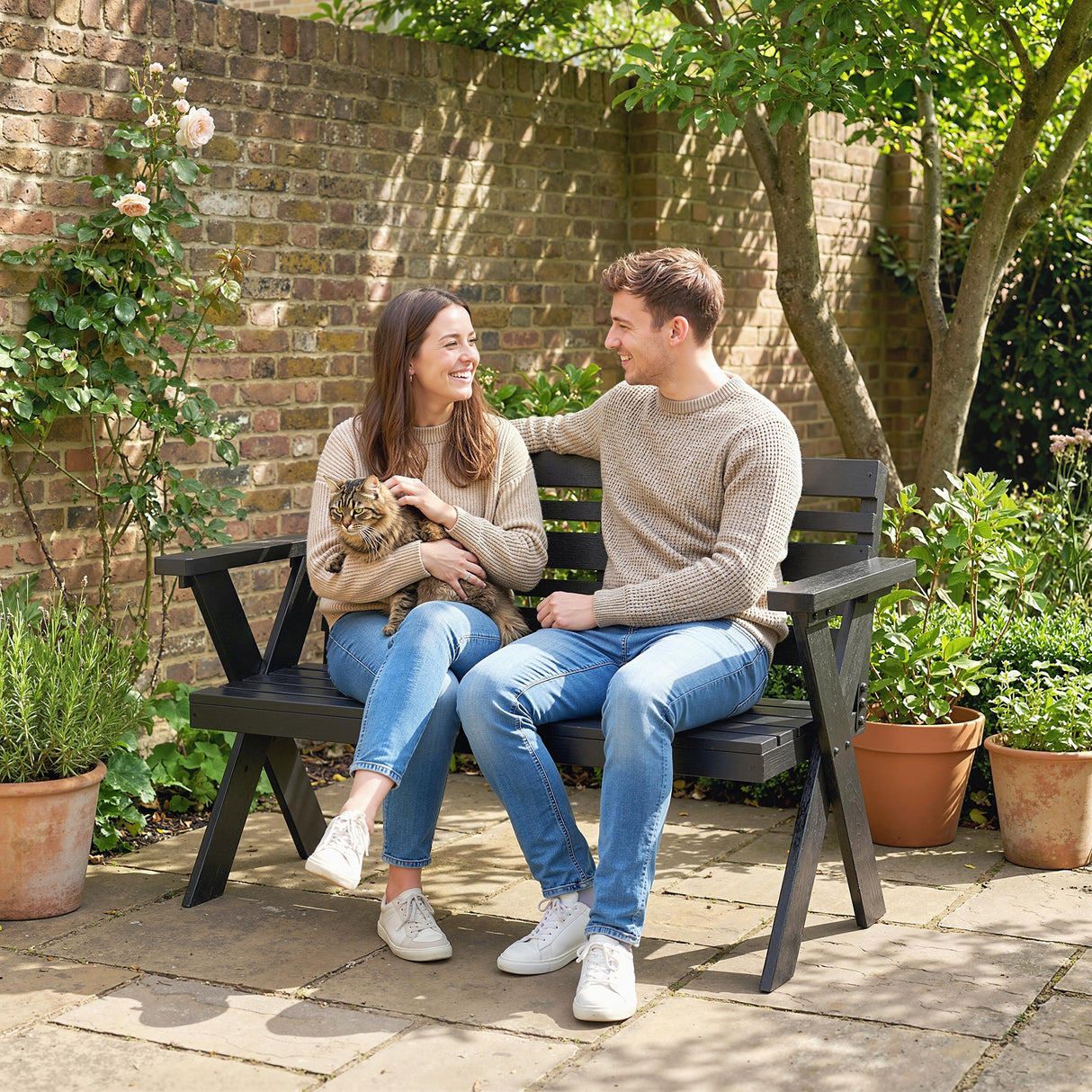 Fir Wood 2 Seater Slatted Garden Bench With Armrest and Backrest - Velmora