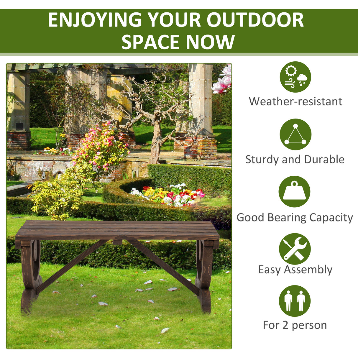 Fir Wood 2 Seater Garden Bench With Wheel-Shaped Legs - Velmora