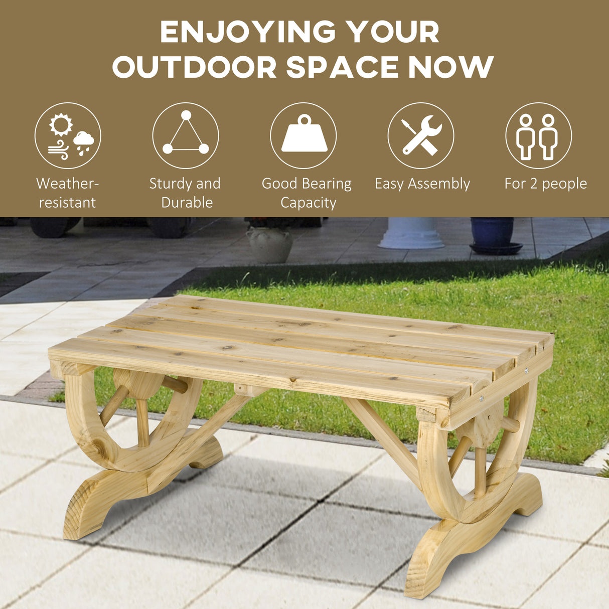 Fir Wood 2 Seater Garden Bench With Wheel-Shaped Legs - Velmora
