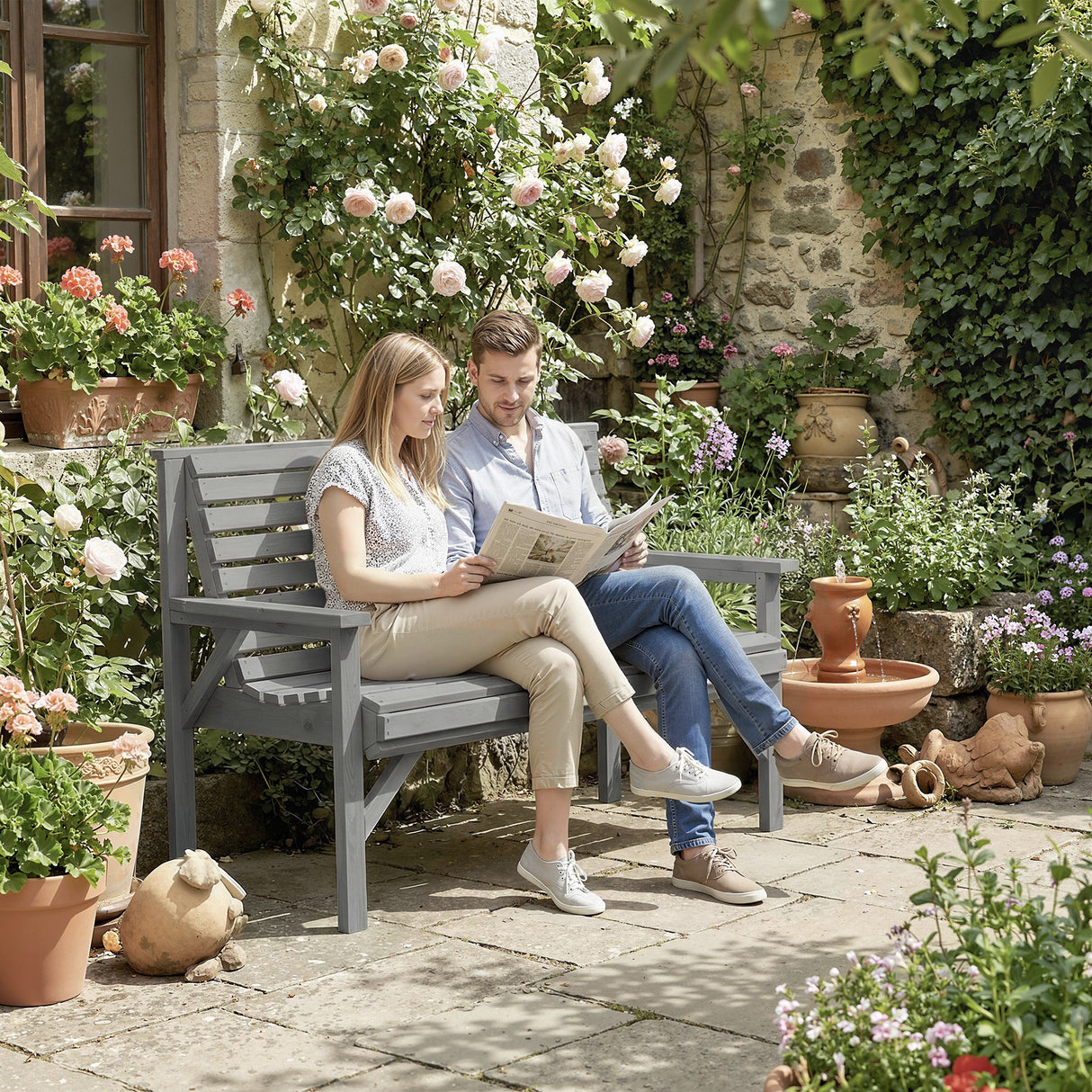 Fir Wood 2 Seater Garden Bench With Armrest and Backrest - Velmora