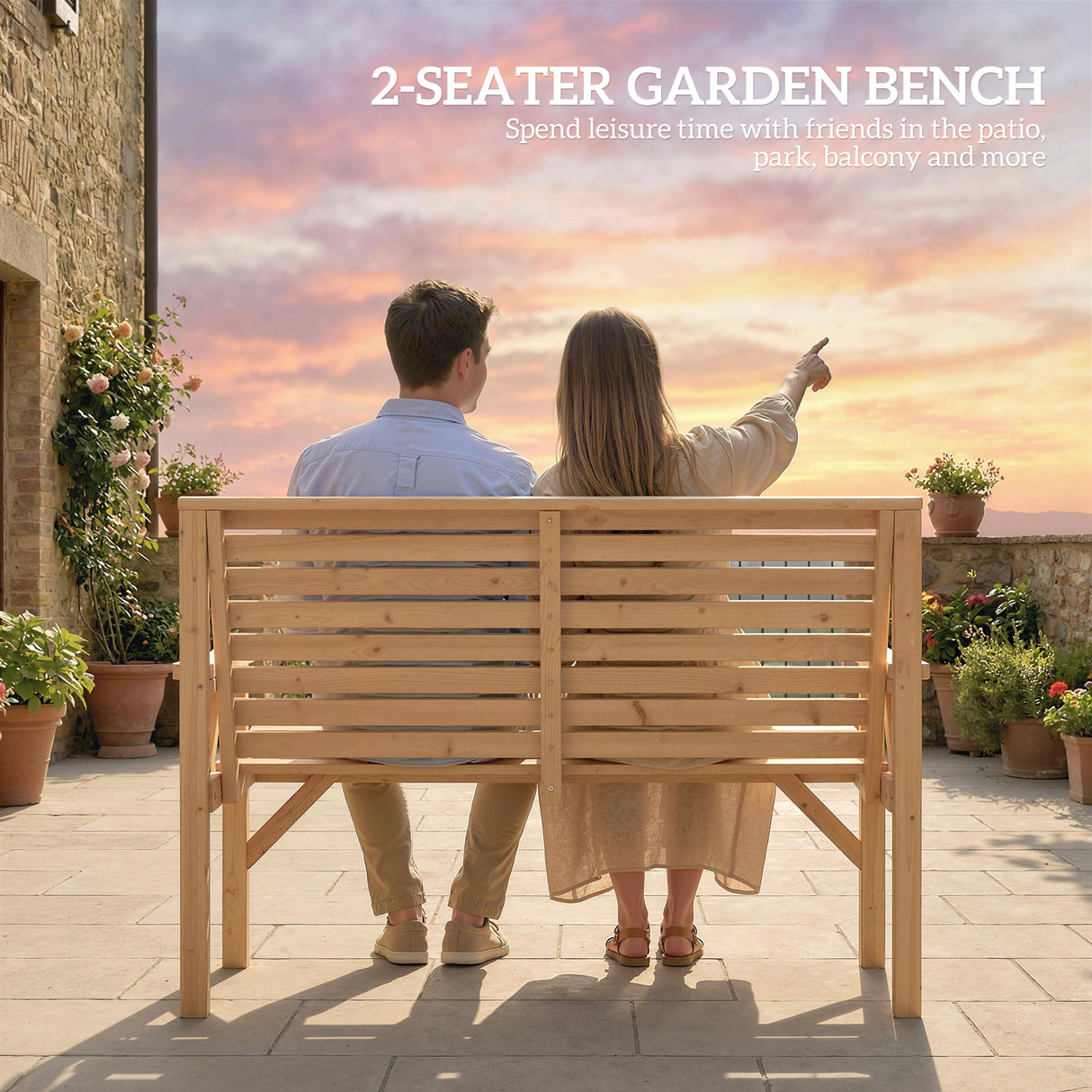 Fir Wood 2 Seater Garden Bench With Armrest and Backrest - Velmora