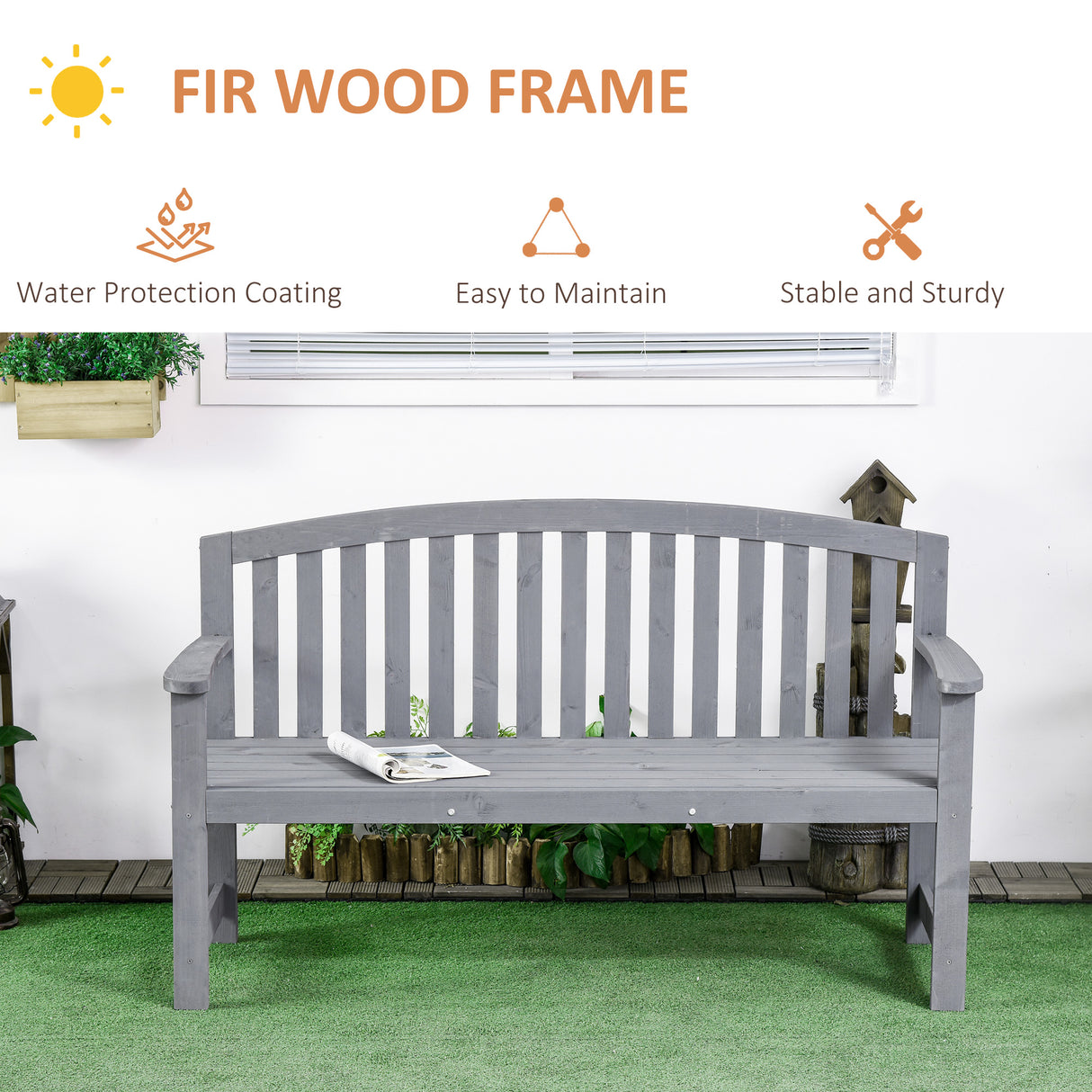 Fir Wood 2 Seater Garden Bench With Armrest - Velmora