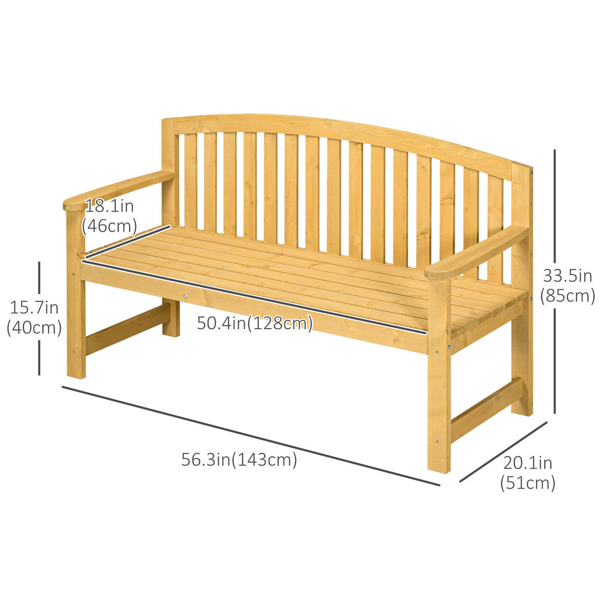 Fir Wood 2 Seater Garden Bench With Armrest - Velmora