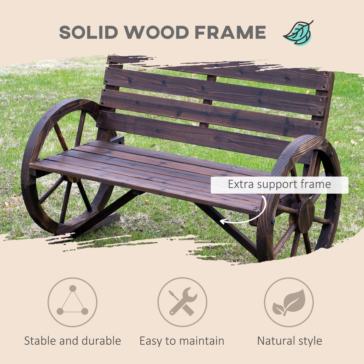 Fir Wood 2 Seater Garden Bench With Wooden Cart Wagon Wheel - Velmora