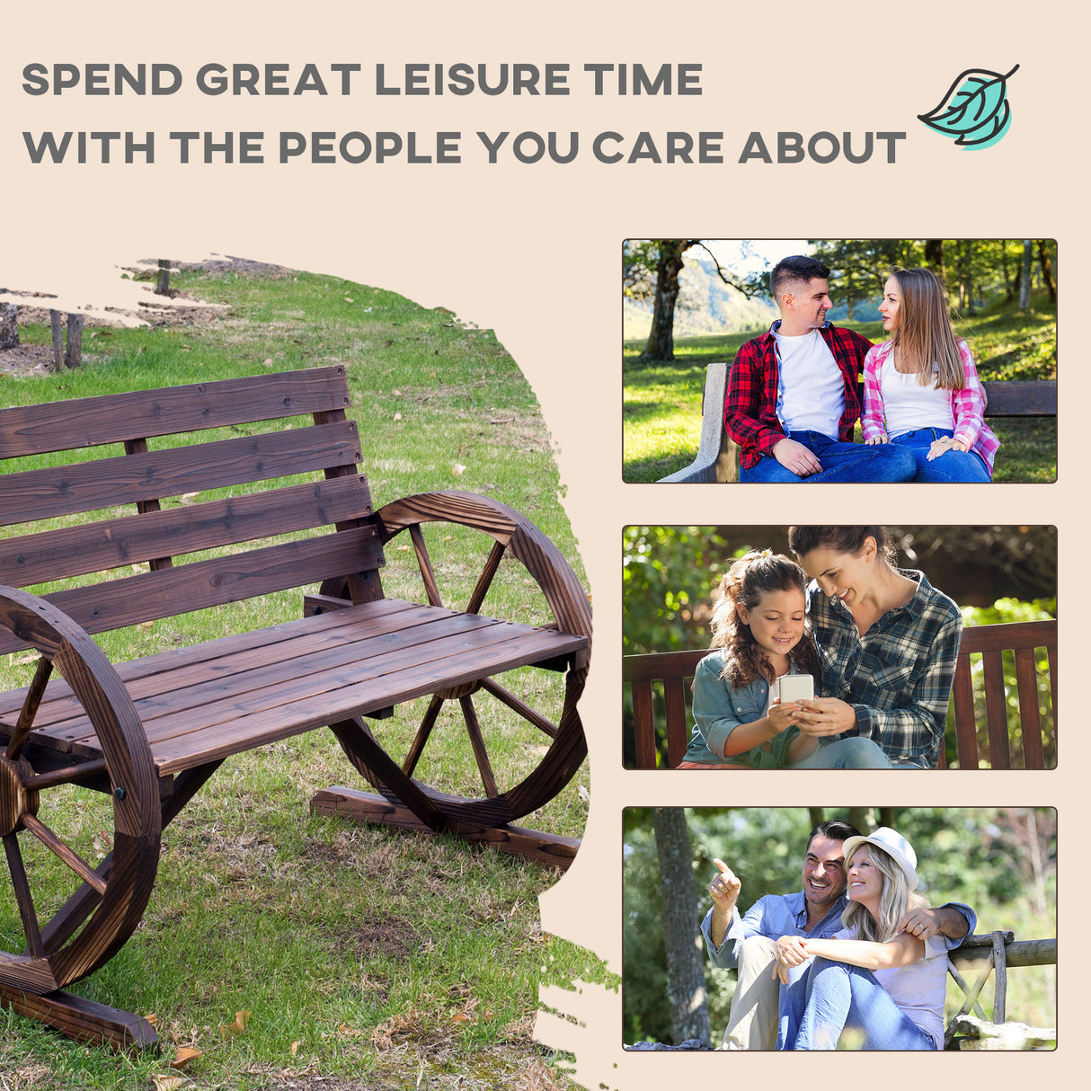 Fir Wood 2 Seater Garden Bench With Wooden Cart Wagon Wheel - Velmora