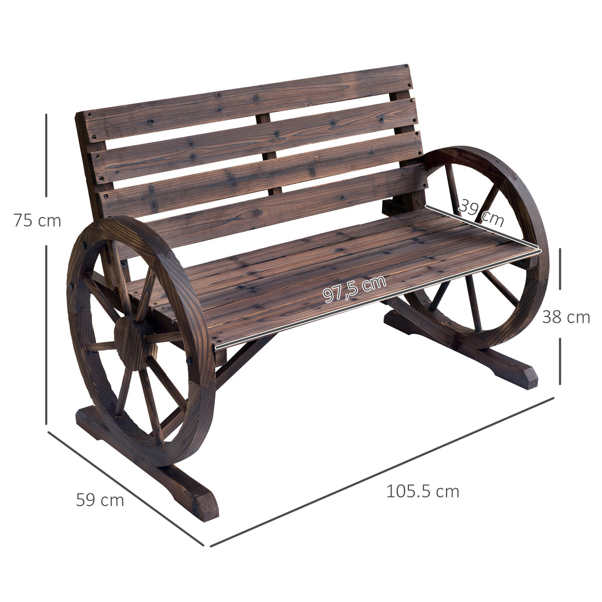 Fir Wood 2 Seater Garden Bench With Wooden Cart Wagon Wheel - Velmora