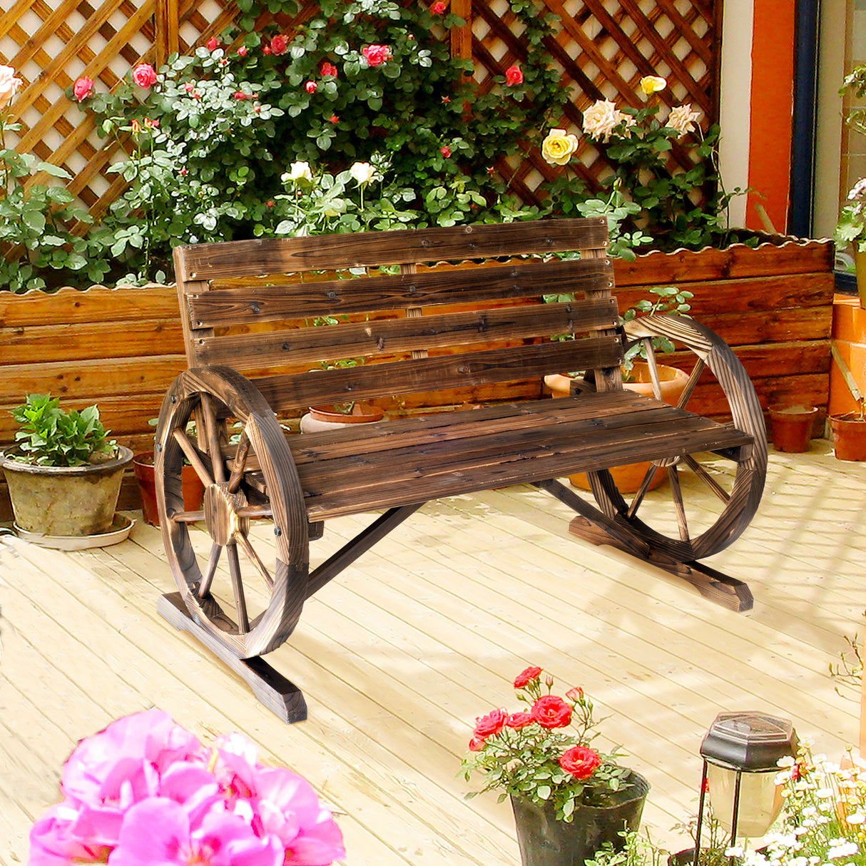 Fir Wood 2 Seater Garden Bench With Wooden Cart Wagon Wheel - Velmora