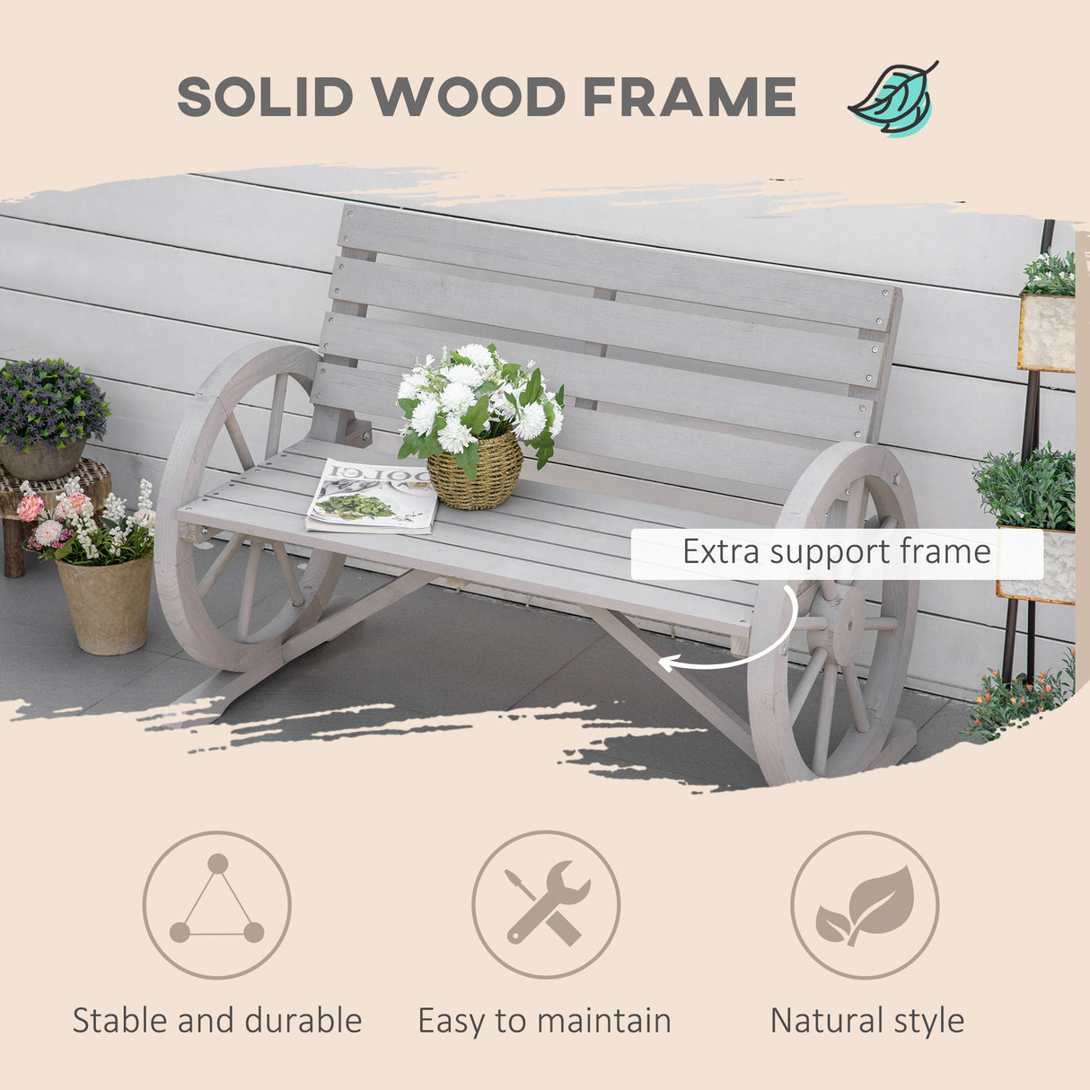 Fir Wood 2 Seater Garden Bench With Wooden Cart Wagon Wheel - Velmora