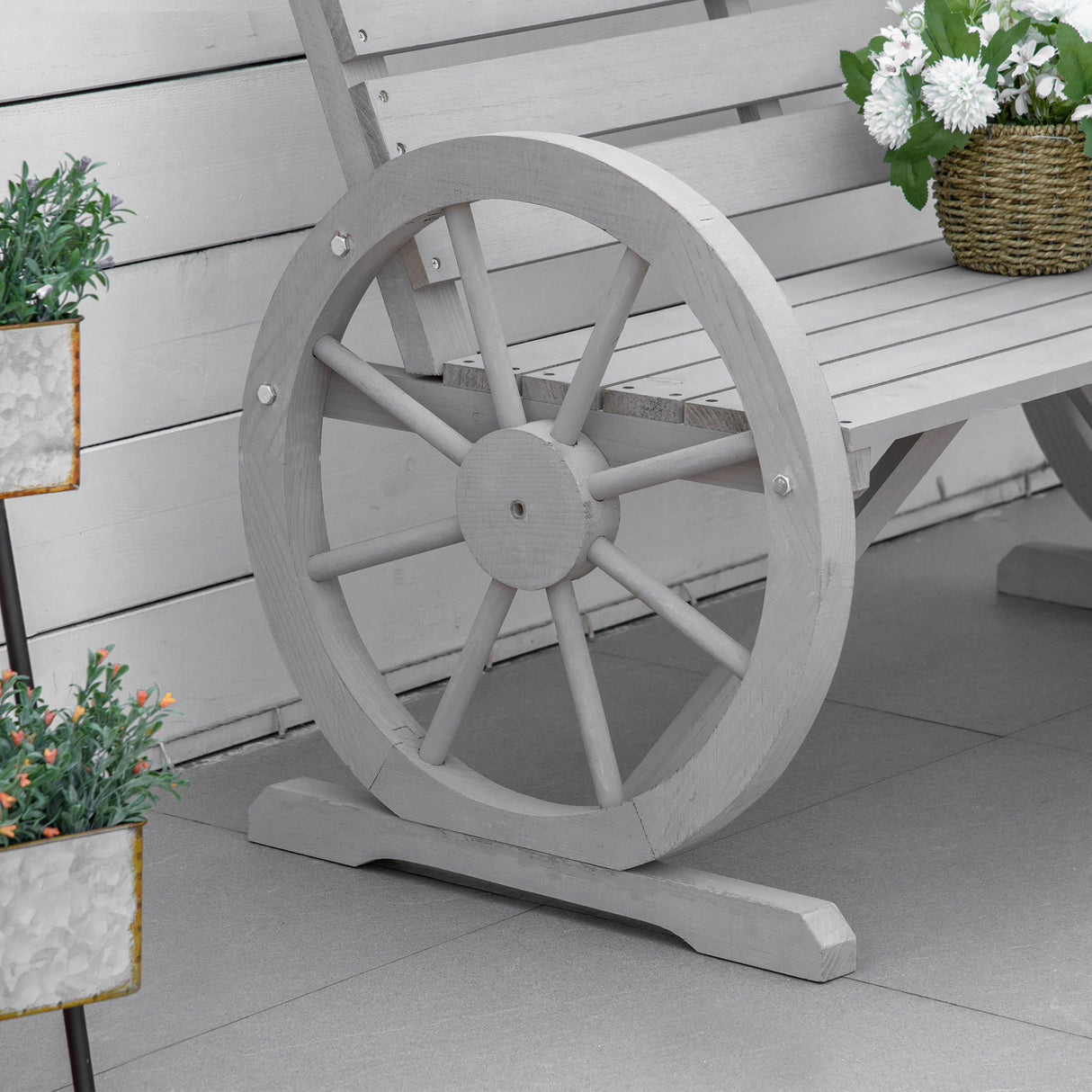 Fir Wood 2 Seater Garden Bench With Wooden Cart Wagon Wheel - Velmora